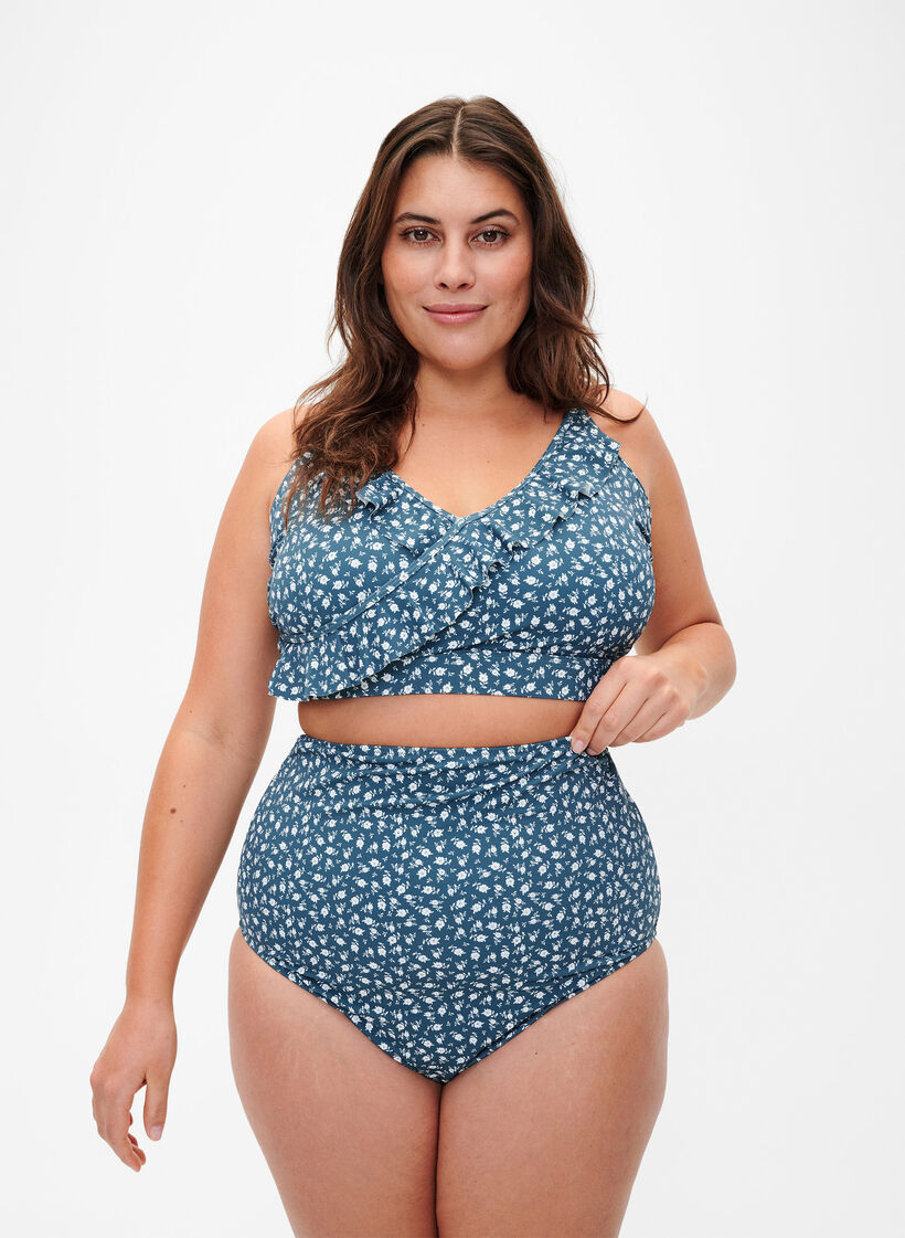 Bas de bikini taille extra haute avec imprimé floral, Bleu pétrole, Model image number 0