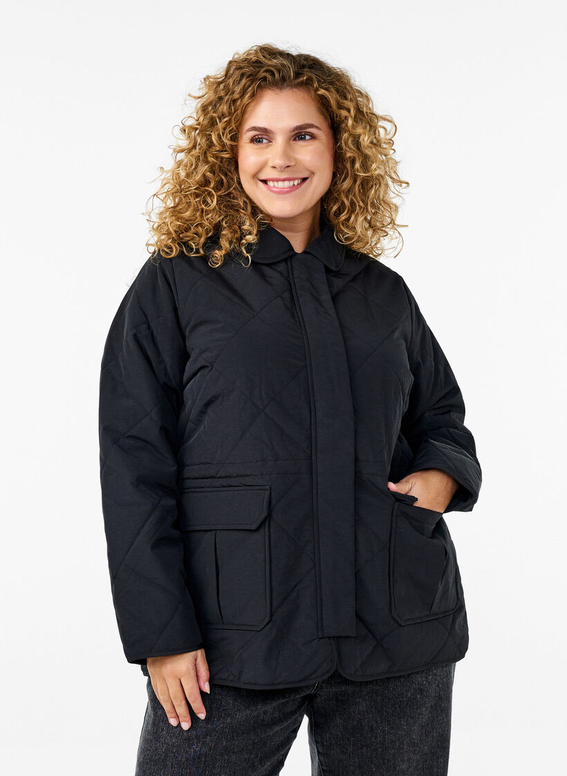 Veste matelassée avec col et poches, Noir, Model image number 0