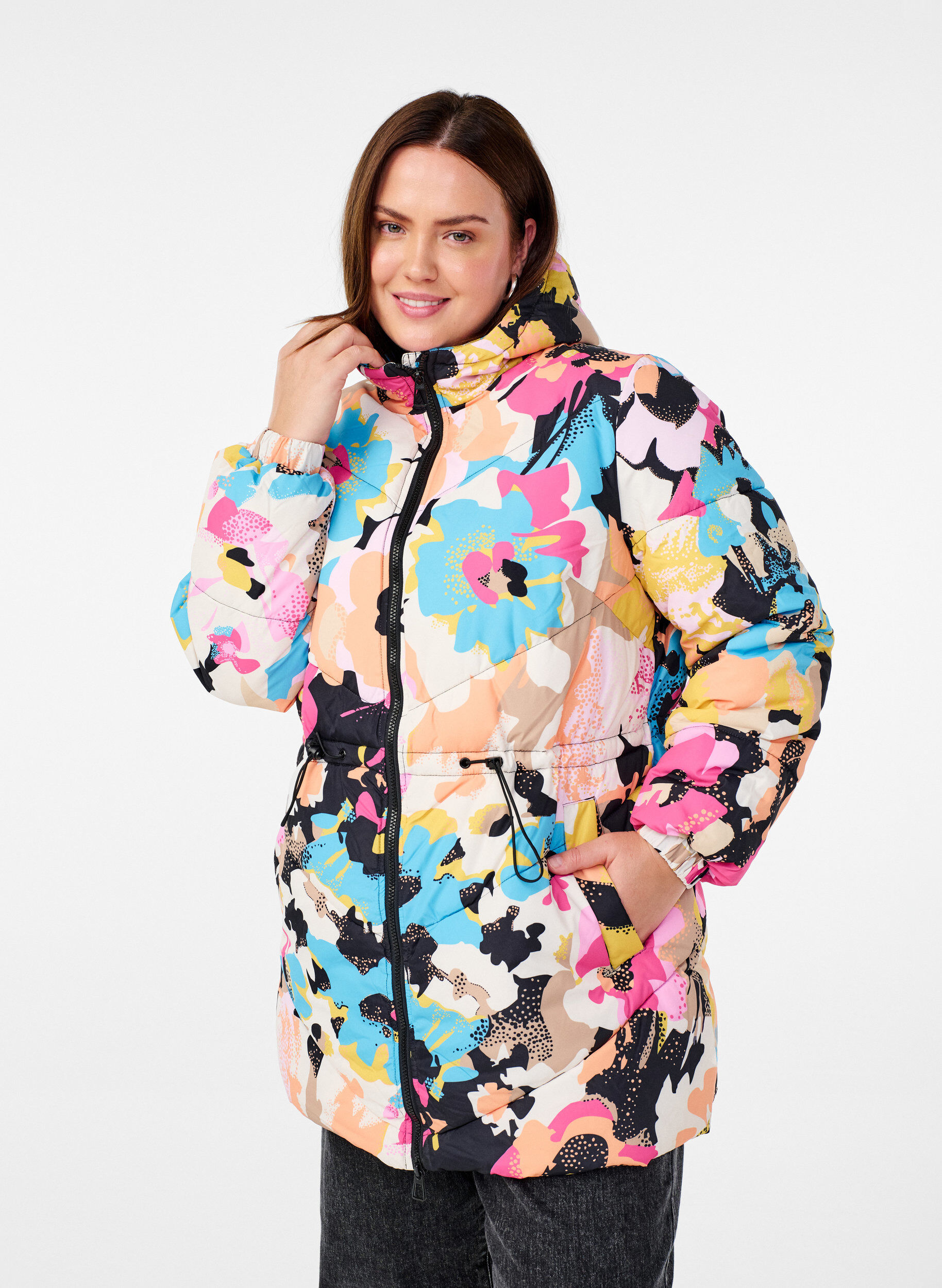 Zizzi Bunte Jacke mit Kapuze, Multi Color, Model image number 0