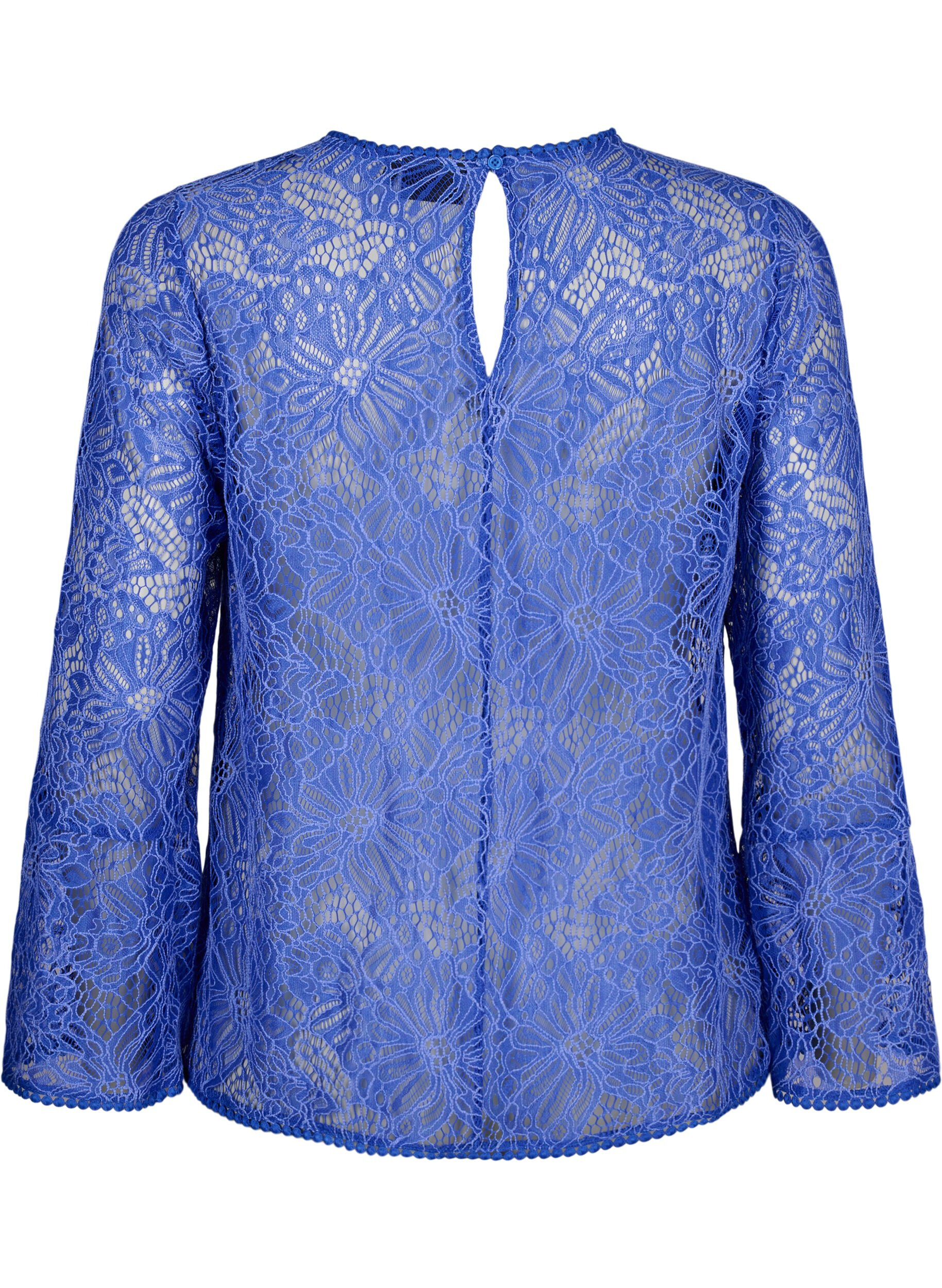 Zizzi Spitzenbluse mit Rundhalsausschnitt und langen &Auml;rmeln, Blau, Packshot image number 1