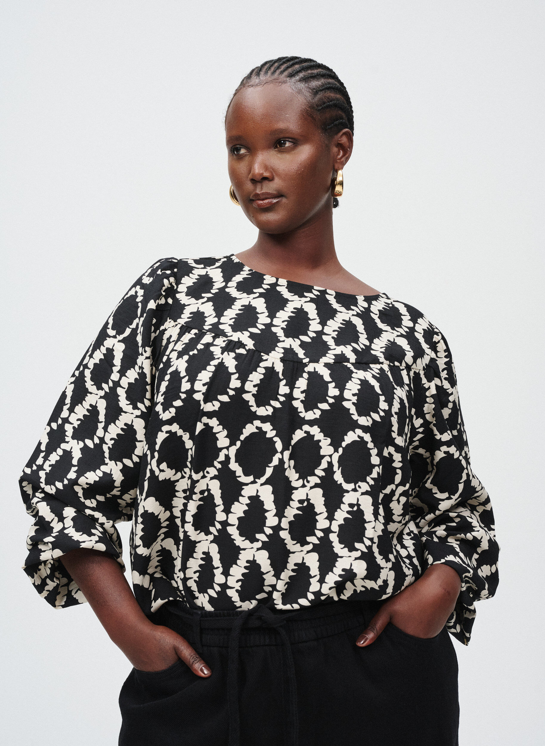 Zizzi Chemisier &agrave; manches longues avec imprim&eacute; et n&oelig;uds, Noir, Image image number 0