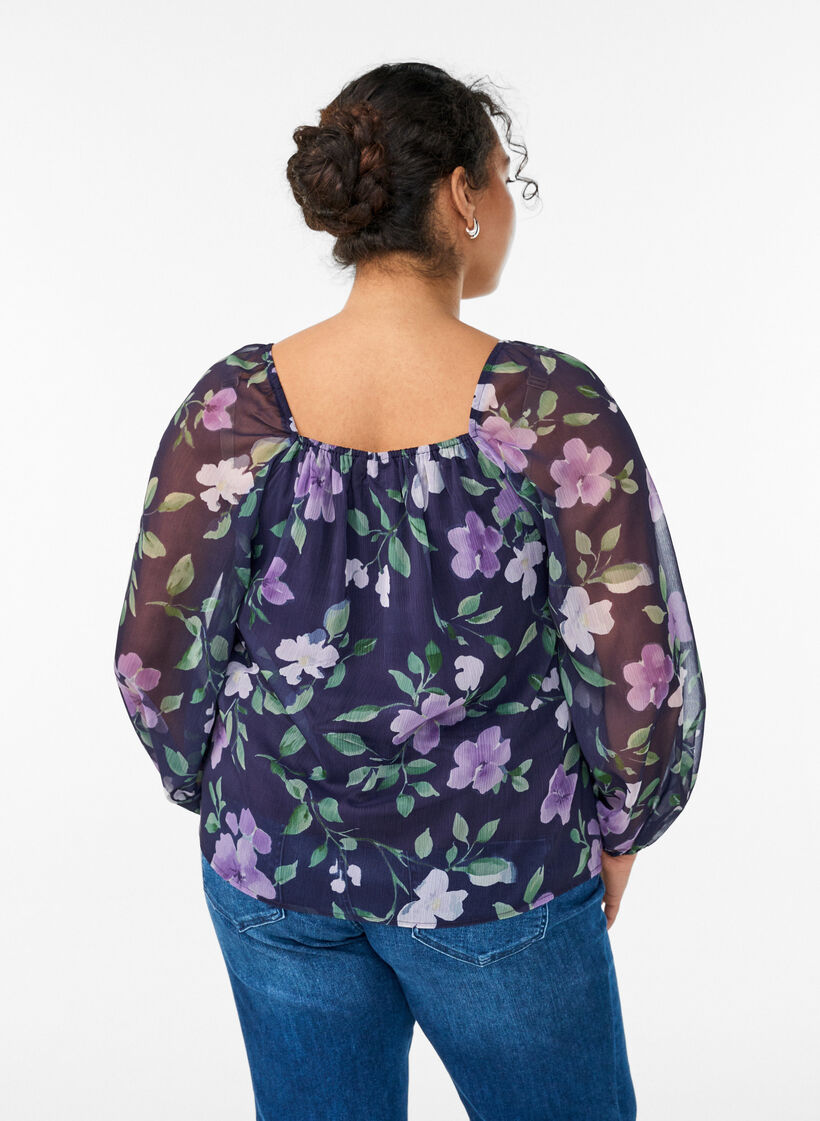 Chemisier en mousseline avec imprim&eacute; floral et manches longues, Bleu, Model image number 2