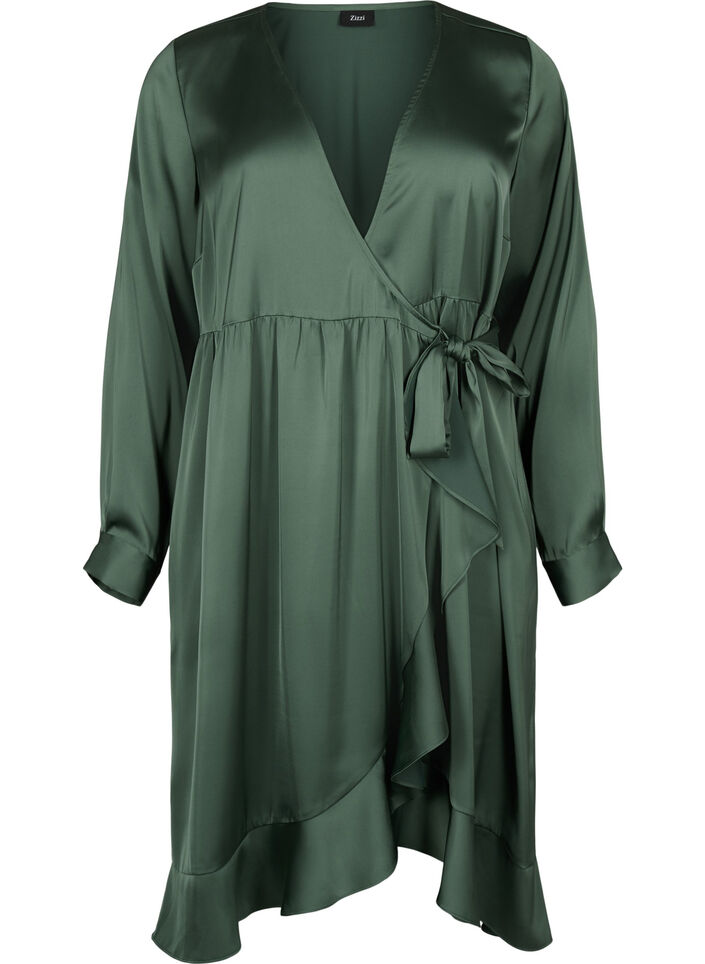 Langärmliges Wickelkleid aus Satin, Duck Green, Packshot image number 0