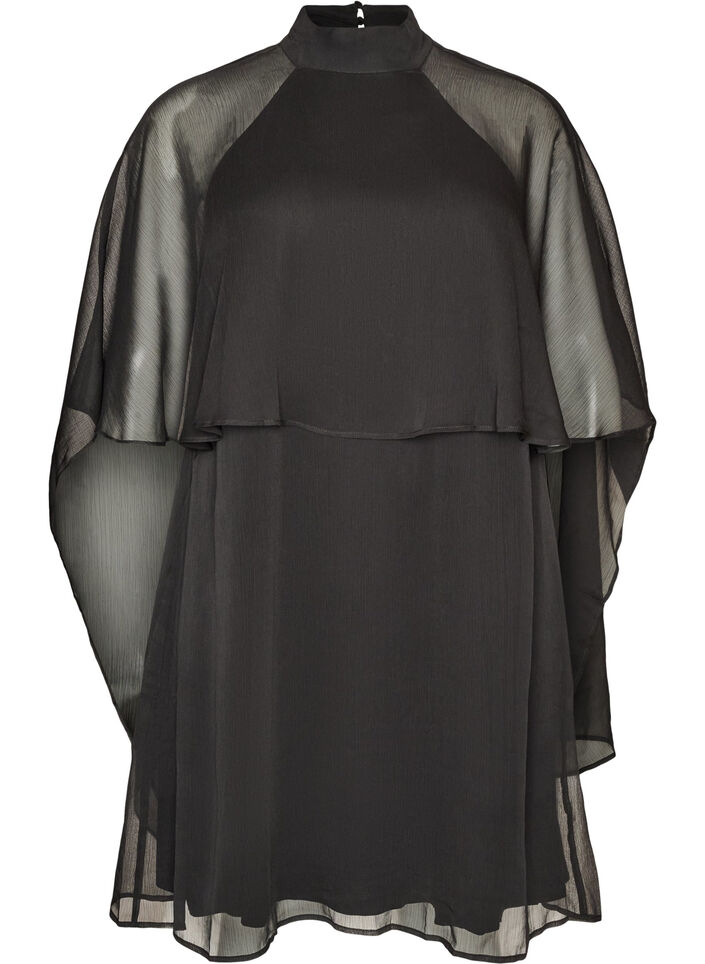 Robe mi-longue en mousseline avec cape transparente, Noir, Packshot image number 0