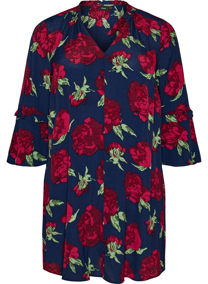 Robe fleurie en viscose avec volants, Bleu, Packshot image number 0