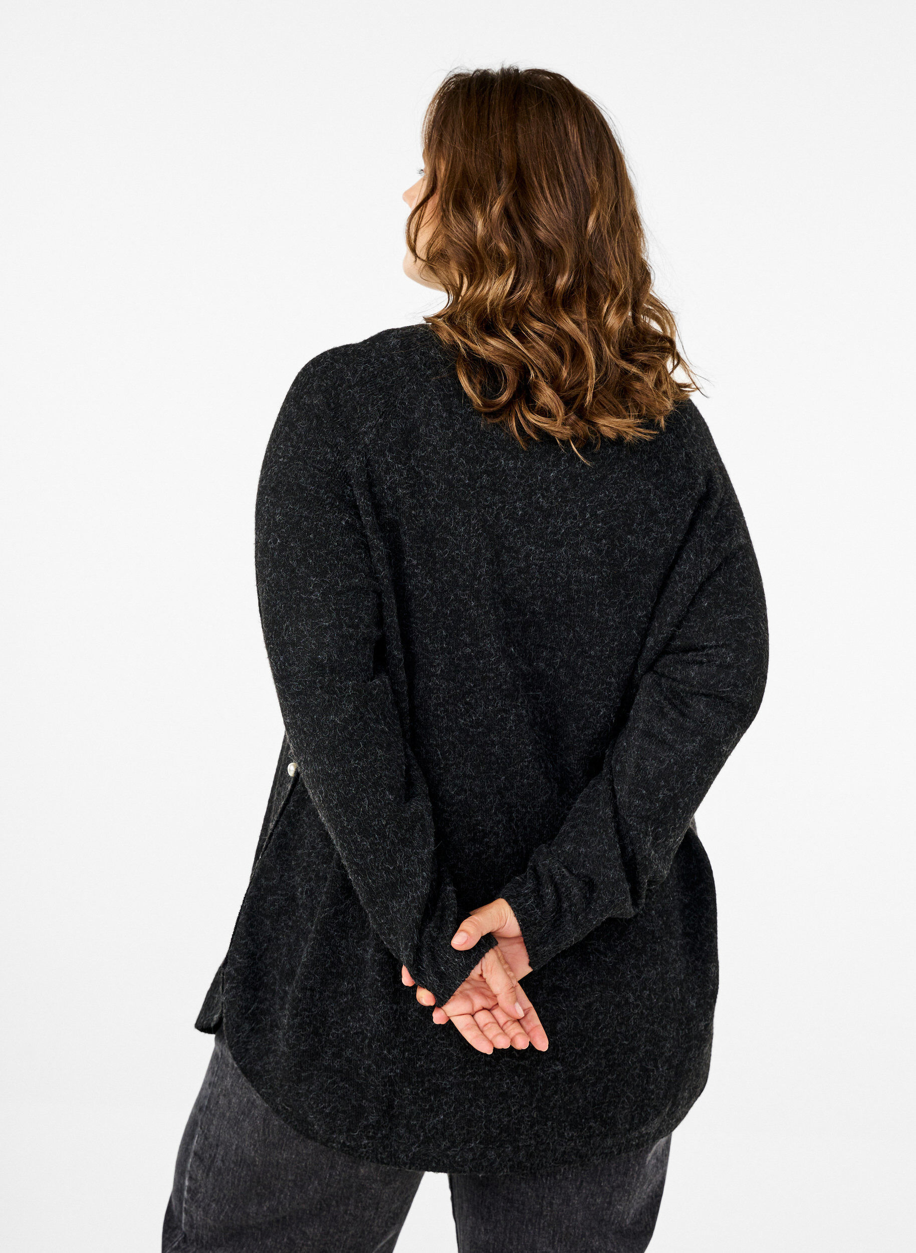 Zizzi Strickbluse mit Perlendetails, Dark Grey Melange, Model image number 1