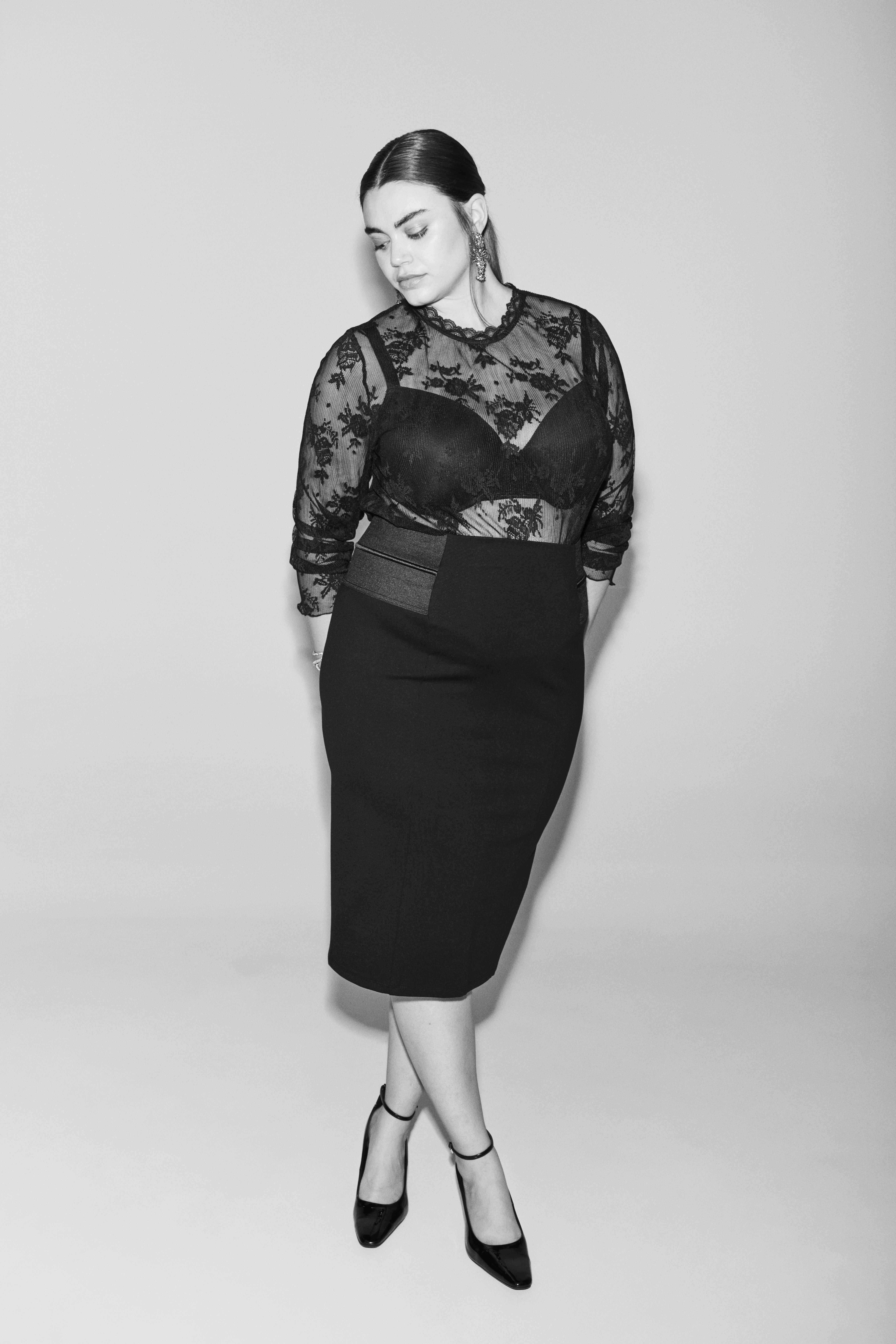 Meshblouse met kant, , Model