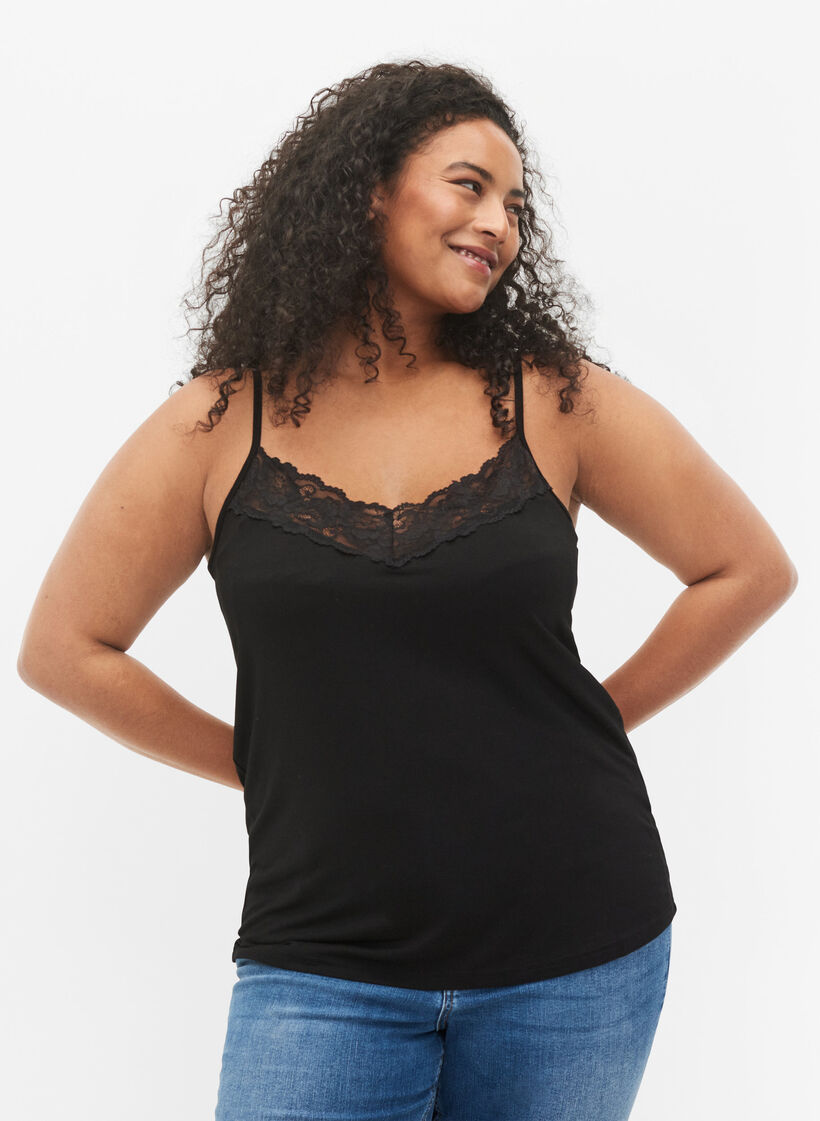 Top 2-pack en viscose avec détails en dentelle, Noir, Model image number 0