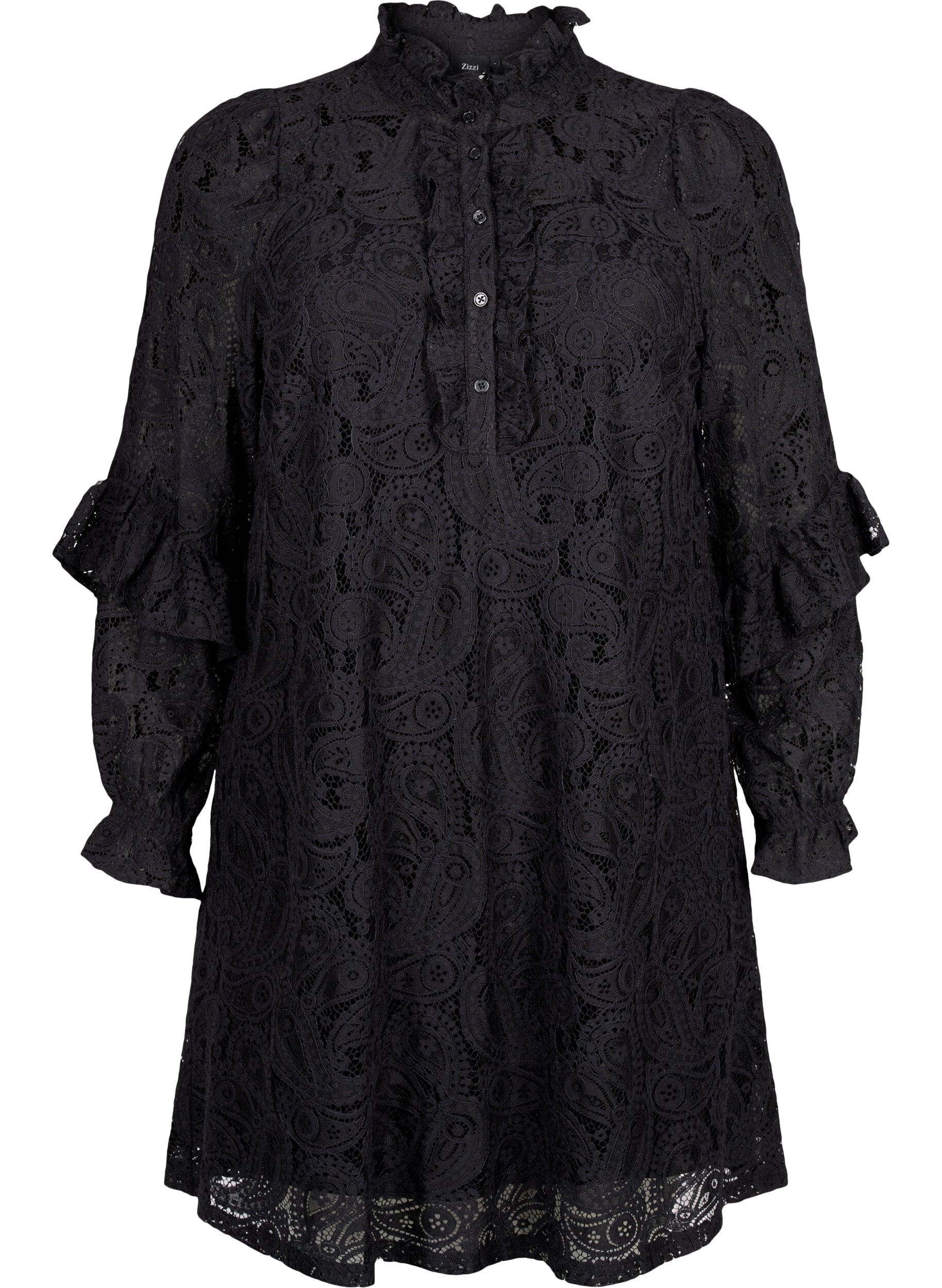 Zizzi Robe courte en dentelle &agrave; jabot, Black, Packshot image number 0