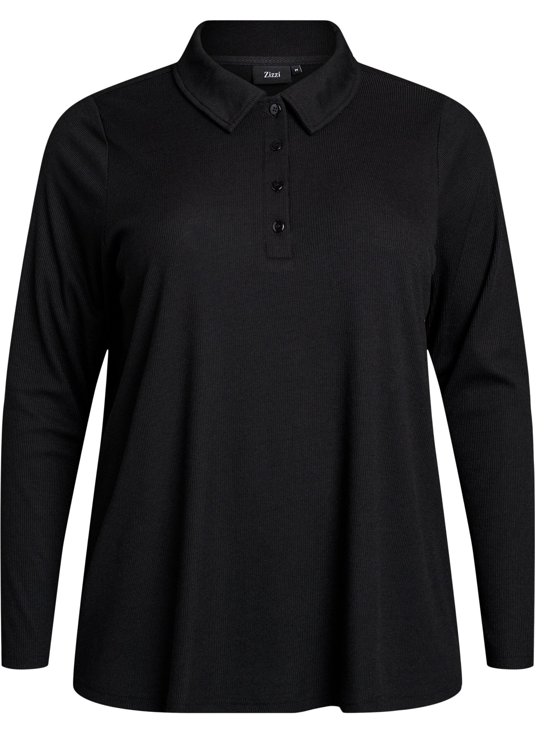 Zizzi Lang&auml;rmliges Poloshirt aus dehnbarem Rippmaterial, Schwarz, Packshot image number 0