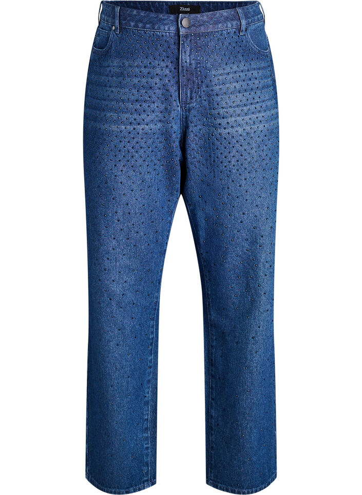 Jean taille haute à coupe droite avec strass, Bleu, Packshot