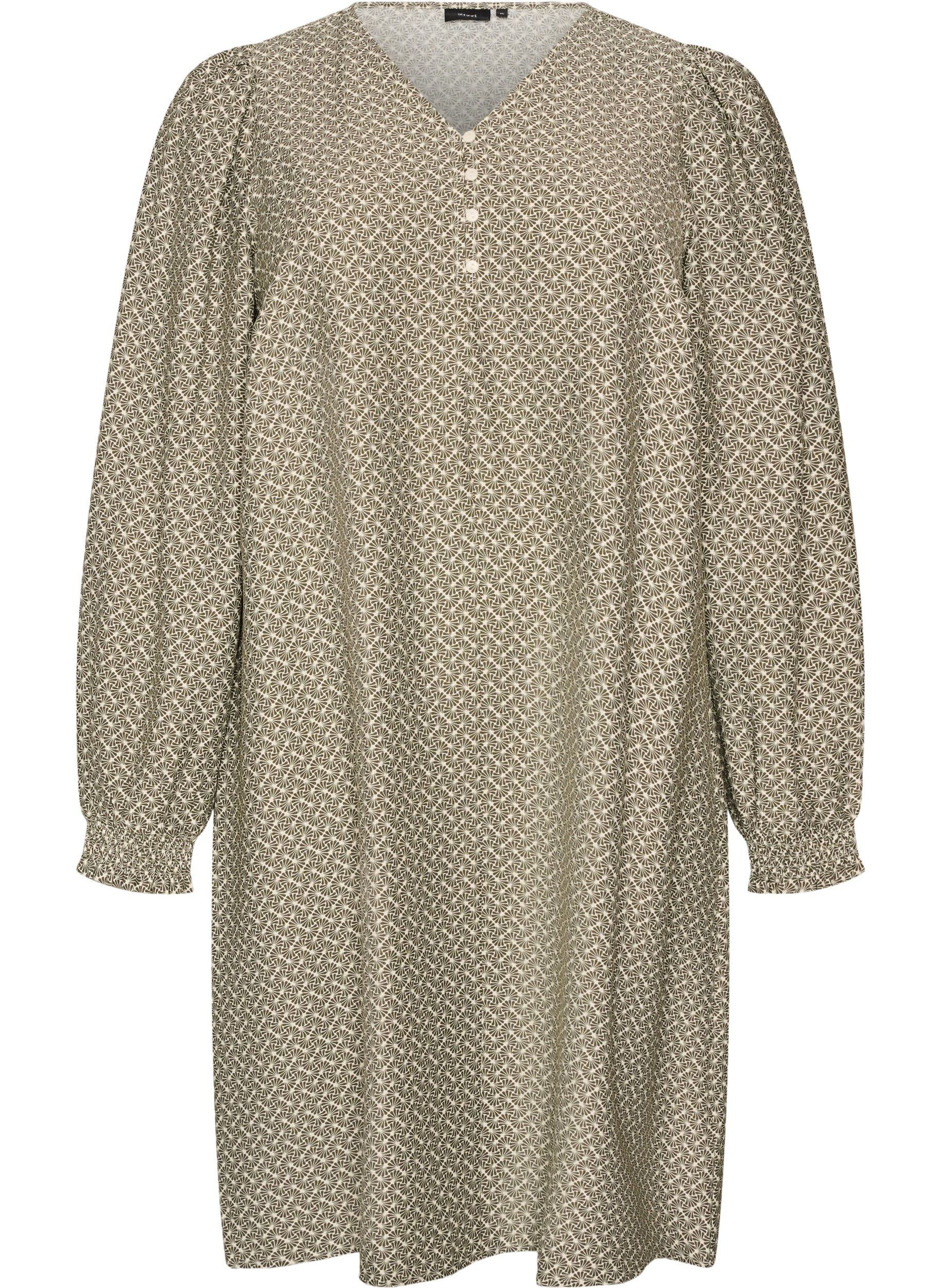 ZizziGemustertes Kleid aus Viskose mit langen &Auml;rmeln, Gr&uuml;n, Packshot image number 0