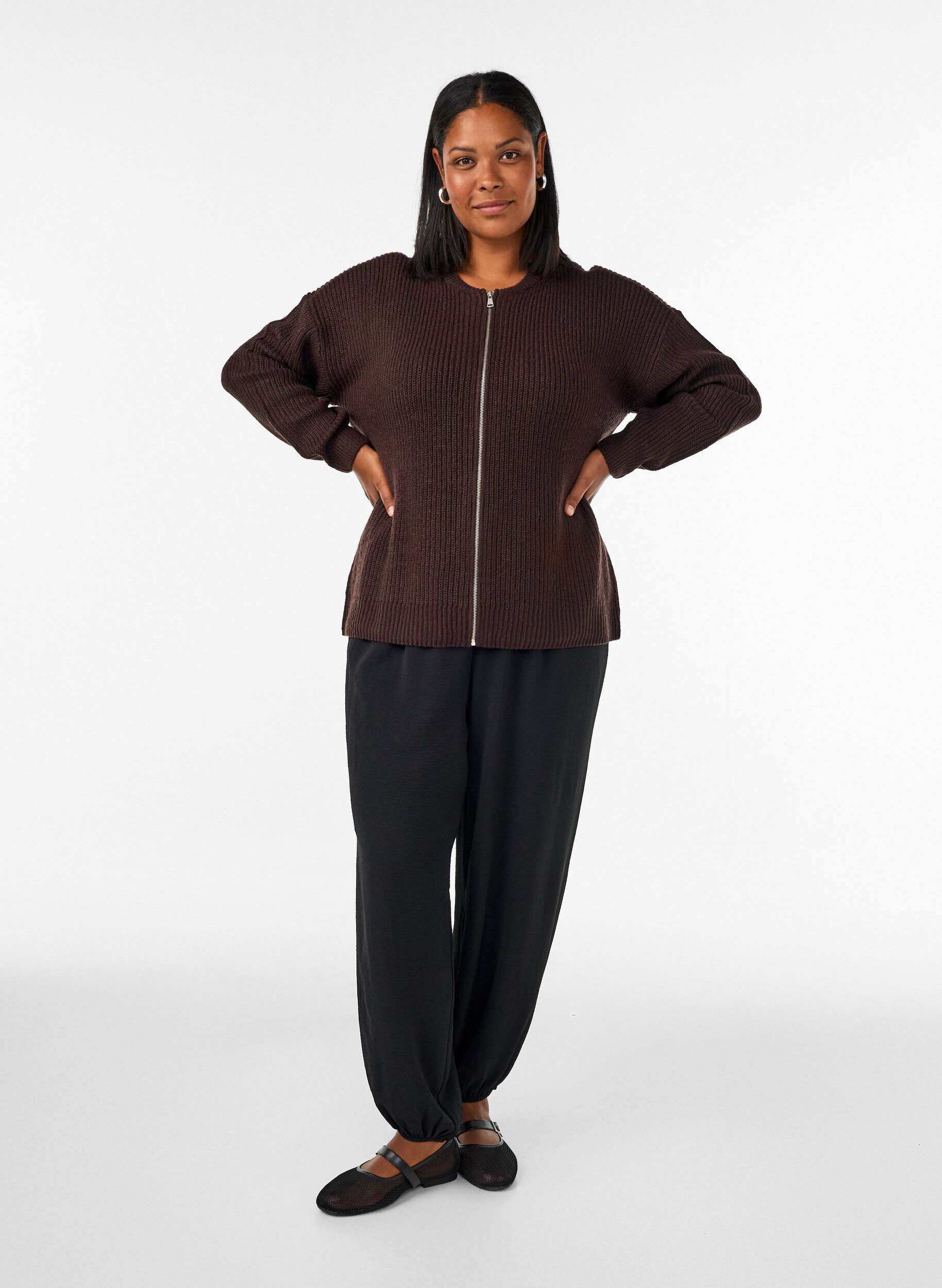 ZizziCardigan en maille avec zip, Marron, Model image number 1
