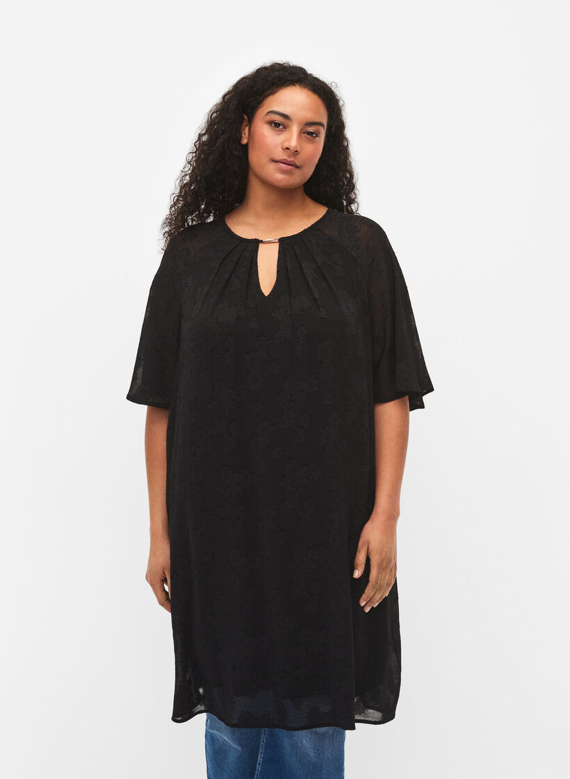 Robe avec structure et manches courtes, Black, Model image number 0