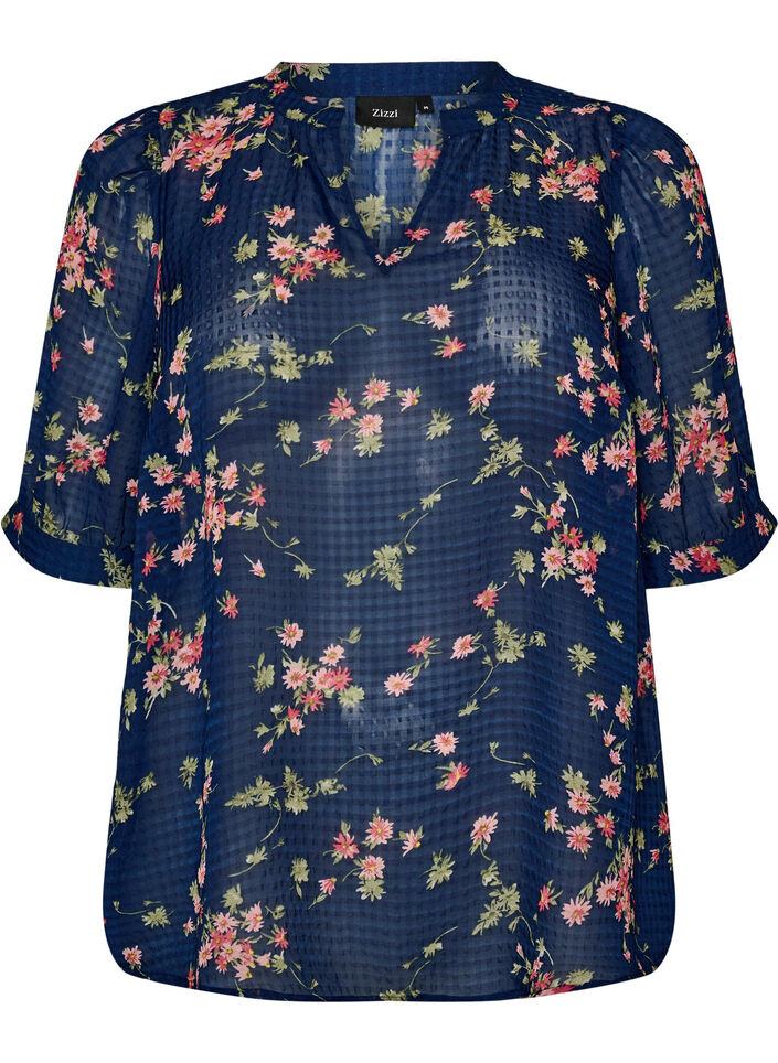 Blouse &agrave; imprim&eacute; floral et col V, Bleu, Packshot image number 0