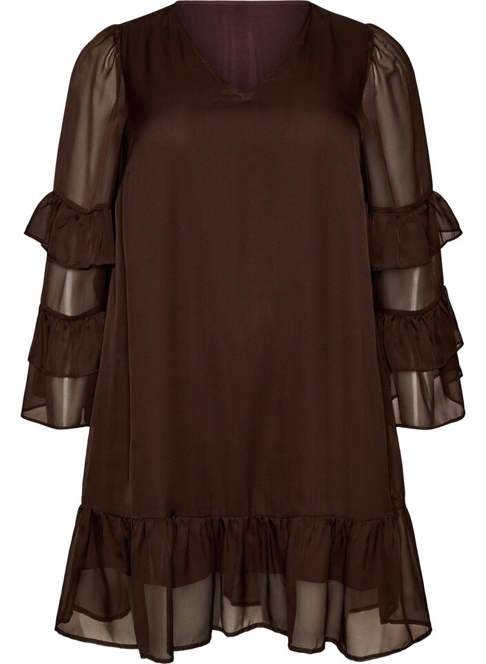 Robe courte avec manches transparentes &agrave; volants, Marron, Packshot image number 0