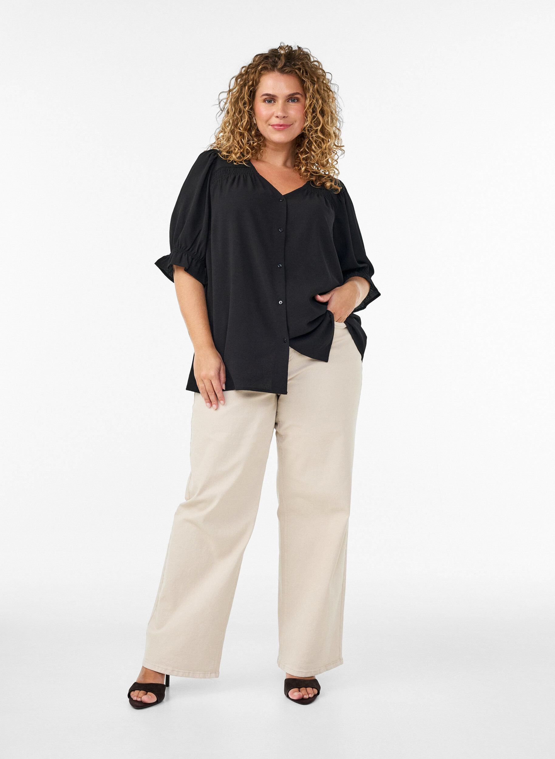 ZizziHemdbluse mit 1/2-&Auml;rmeln, Schwarz, Model image number 1