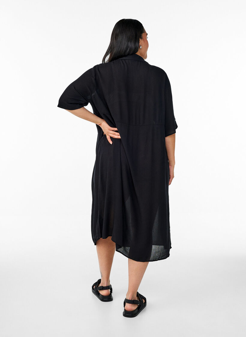 Robe chemise mi-longue &agrave; manches courtes, Noir, Model image number 1