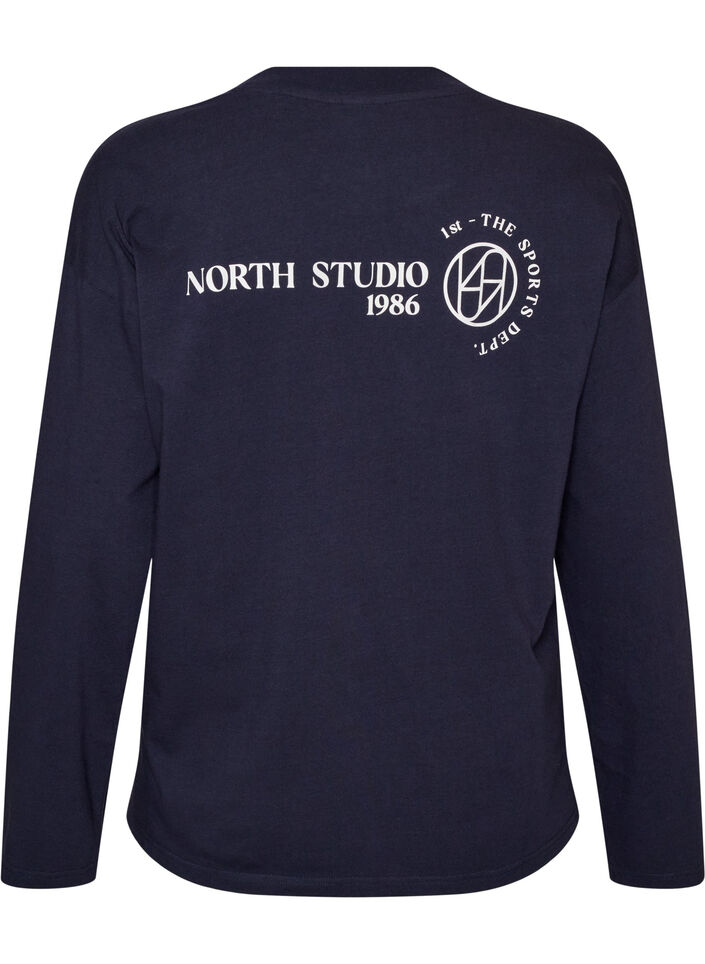 Lang&auml;rmelige Jerseybluse mit Textprint, Blau, Packshot image number 1
