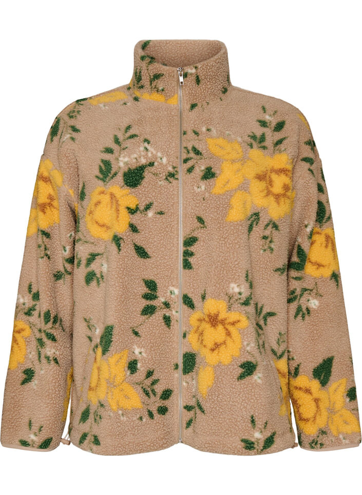 Gebl&uuml;mte Fleecejacke mit hohem Kragen und Rei&szlig;verschluss, Beige, Packshot image number 0