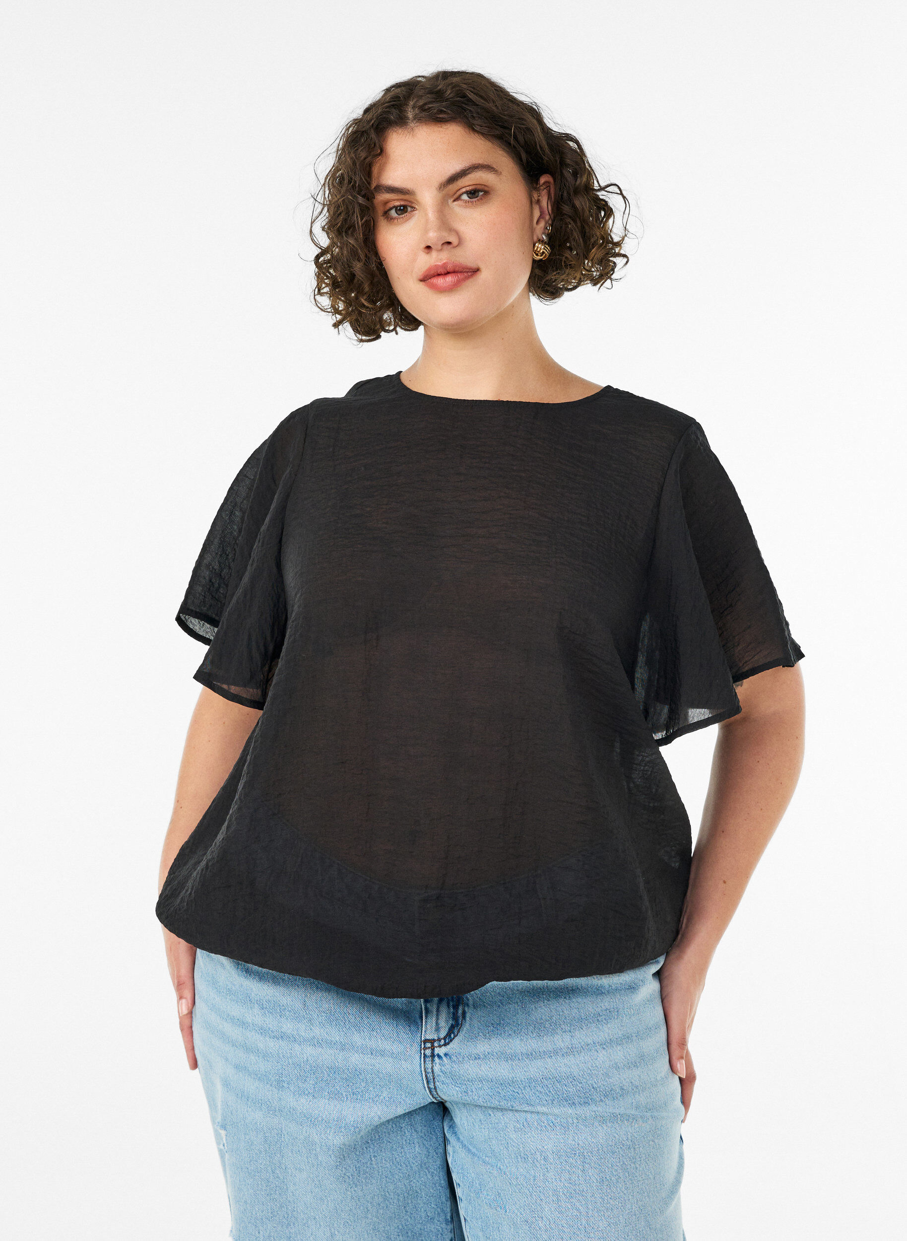 Blouse coupe ballon avec manches papillon, Noir, Model