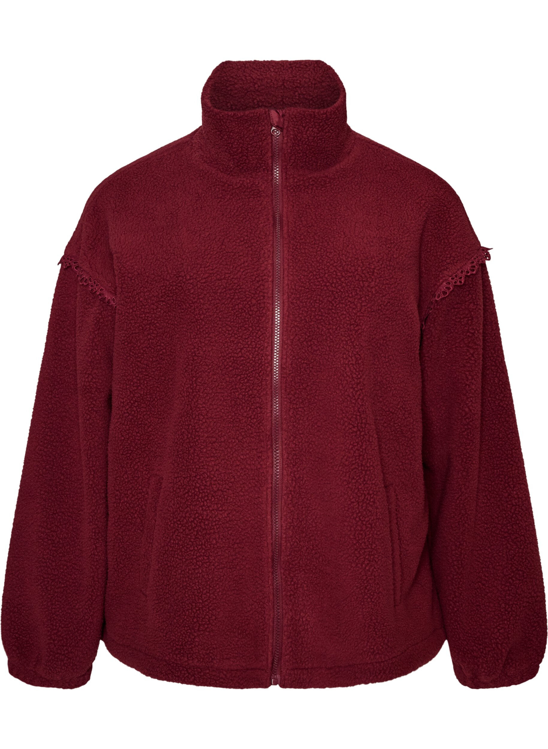 Veste teddy avec finitions en broderie anglaise et col montant