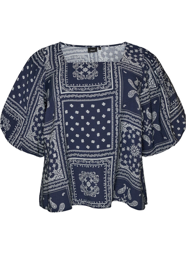Blouse en viscose &agrave; imprim&eacute; cachemire et manches ballon, Bleu, Packshot image number 0