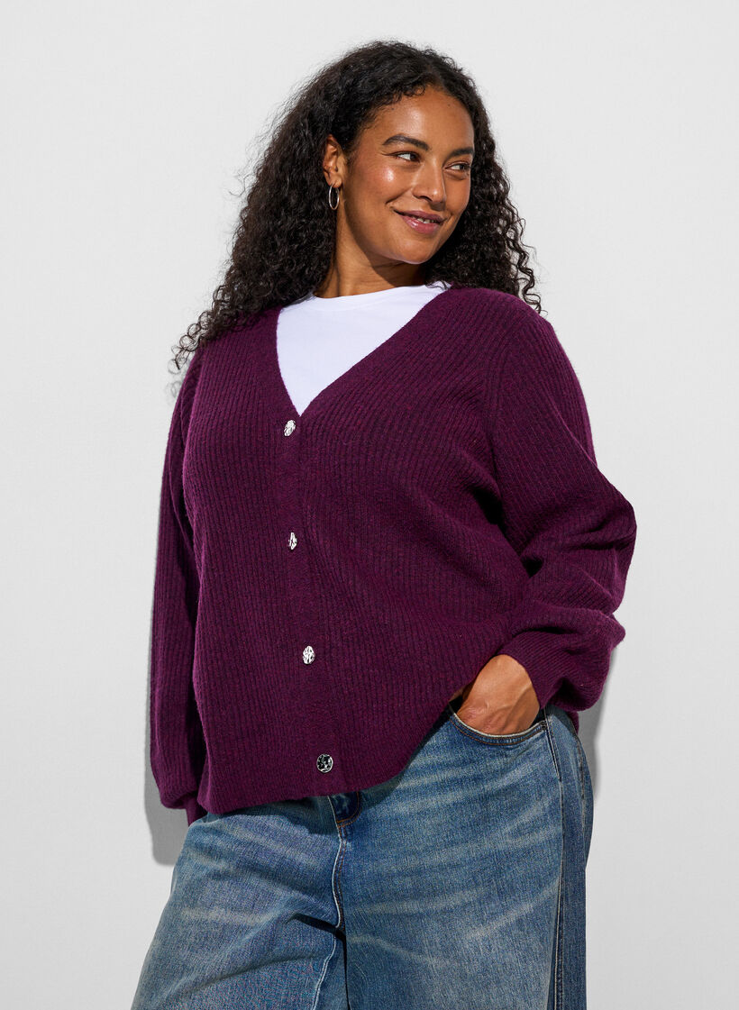 Strickjacke mit V-Ausschnitt und Rippstruktur, Lila, Model image number 3