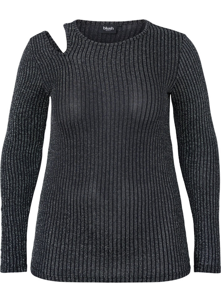 Langärmelige Bluse mit Glitzerausschnitt, B. w. Silver Stripes, Packshot image number 0