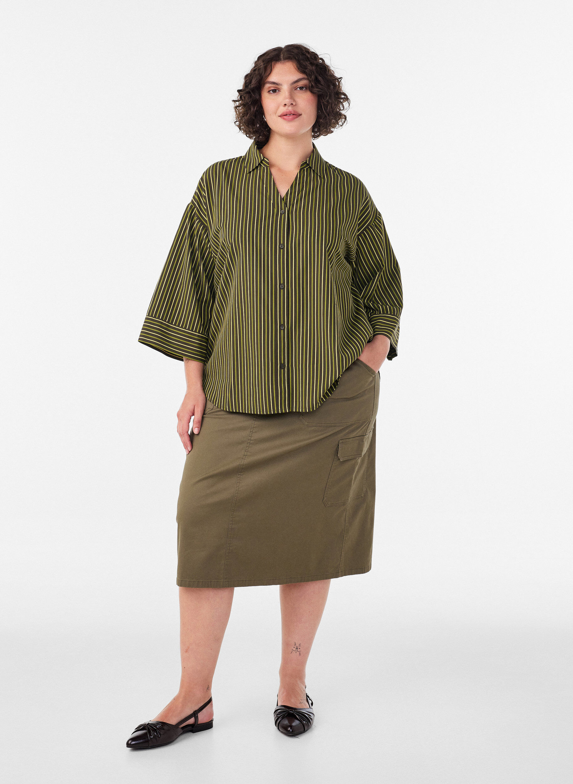 ZizziChemise ample &agrave; rayures avec manches 3/4, Vert, Model image number 1