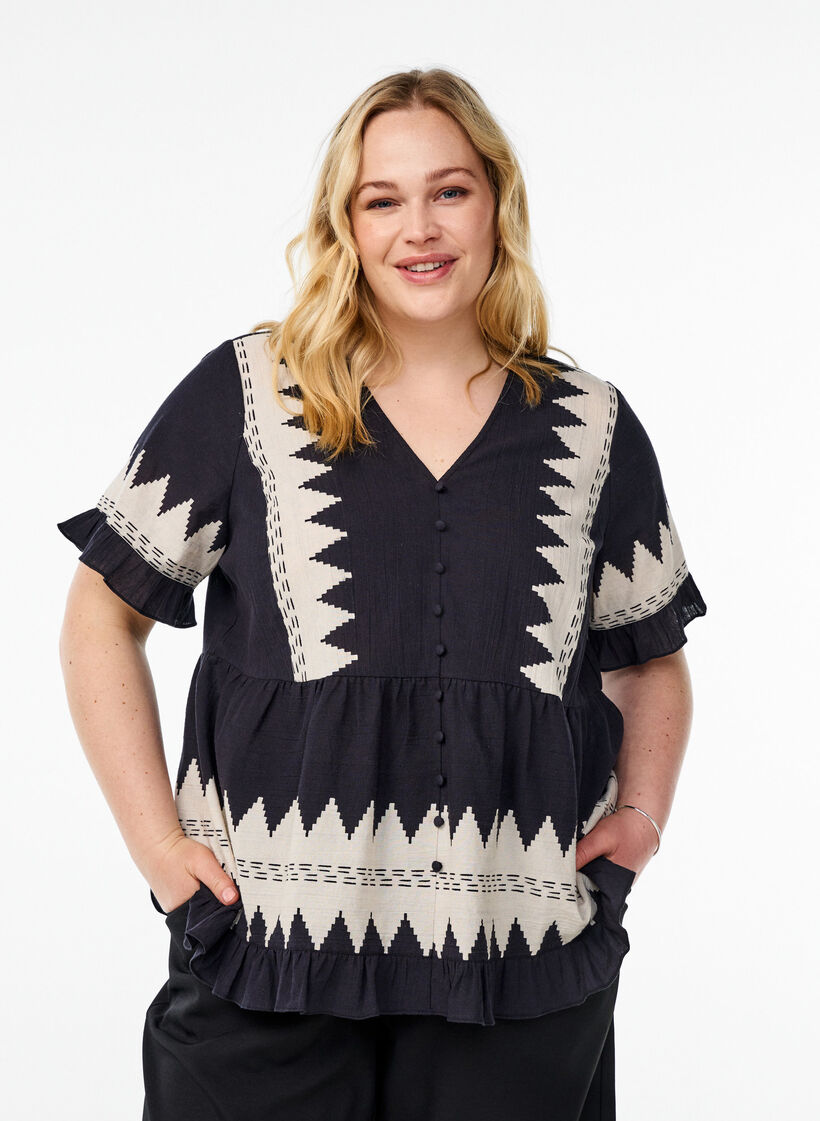 Kurze Bluse mit Rüschen und Grafikmuster, Schwarz, Model image number 0