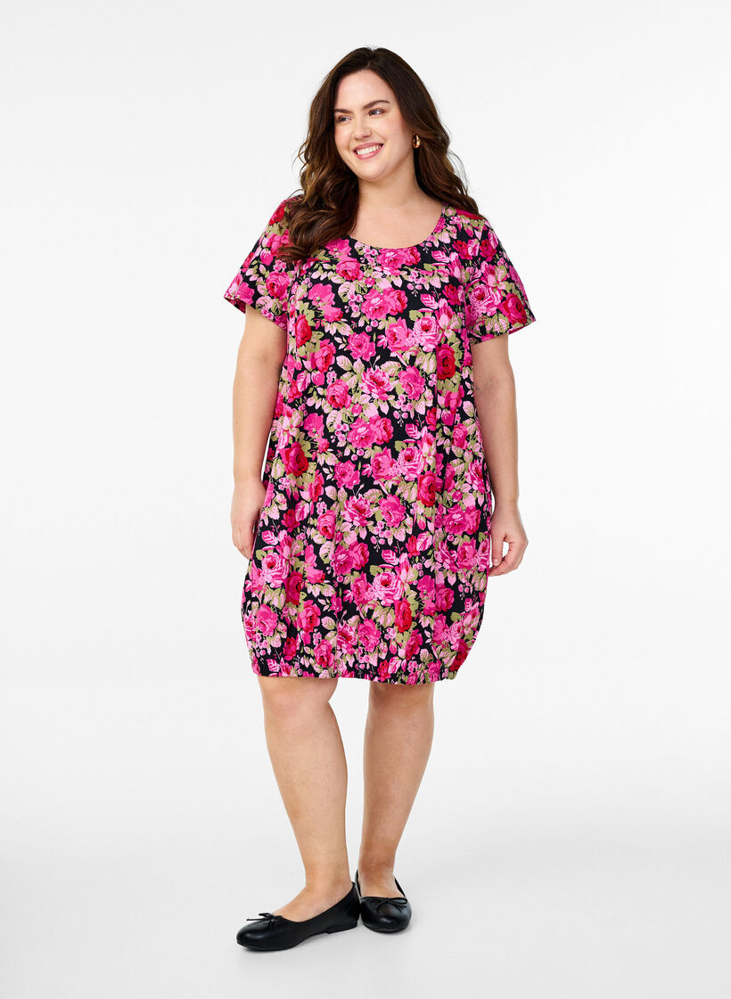 Robe en coton &agrave; manches courtes avec imprim&eacute;, Noir, Model image number 1