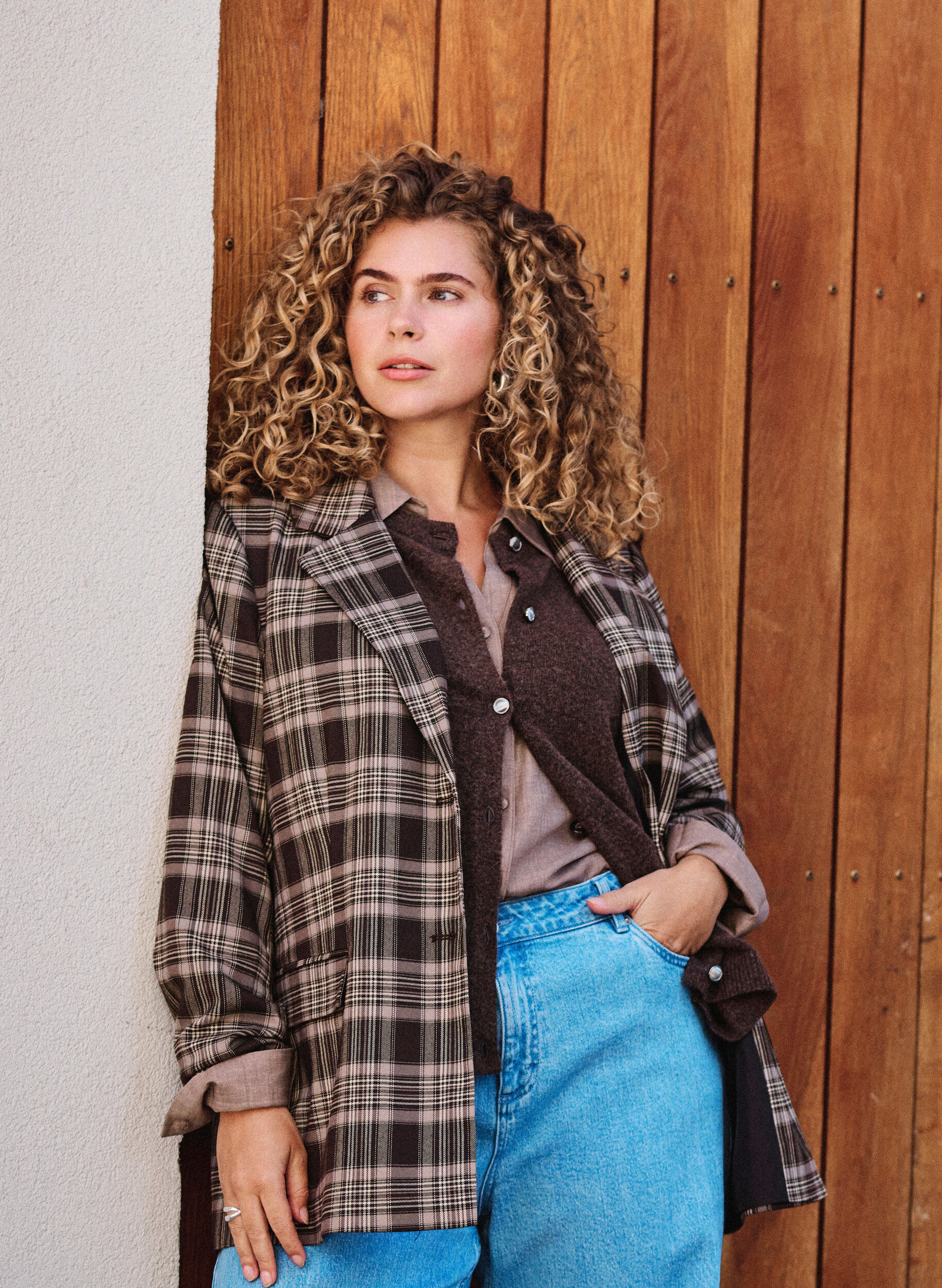 ZizziKarierter Blazer mit Taschen und Gehschlitz, Braun, Image image number 0
