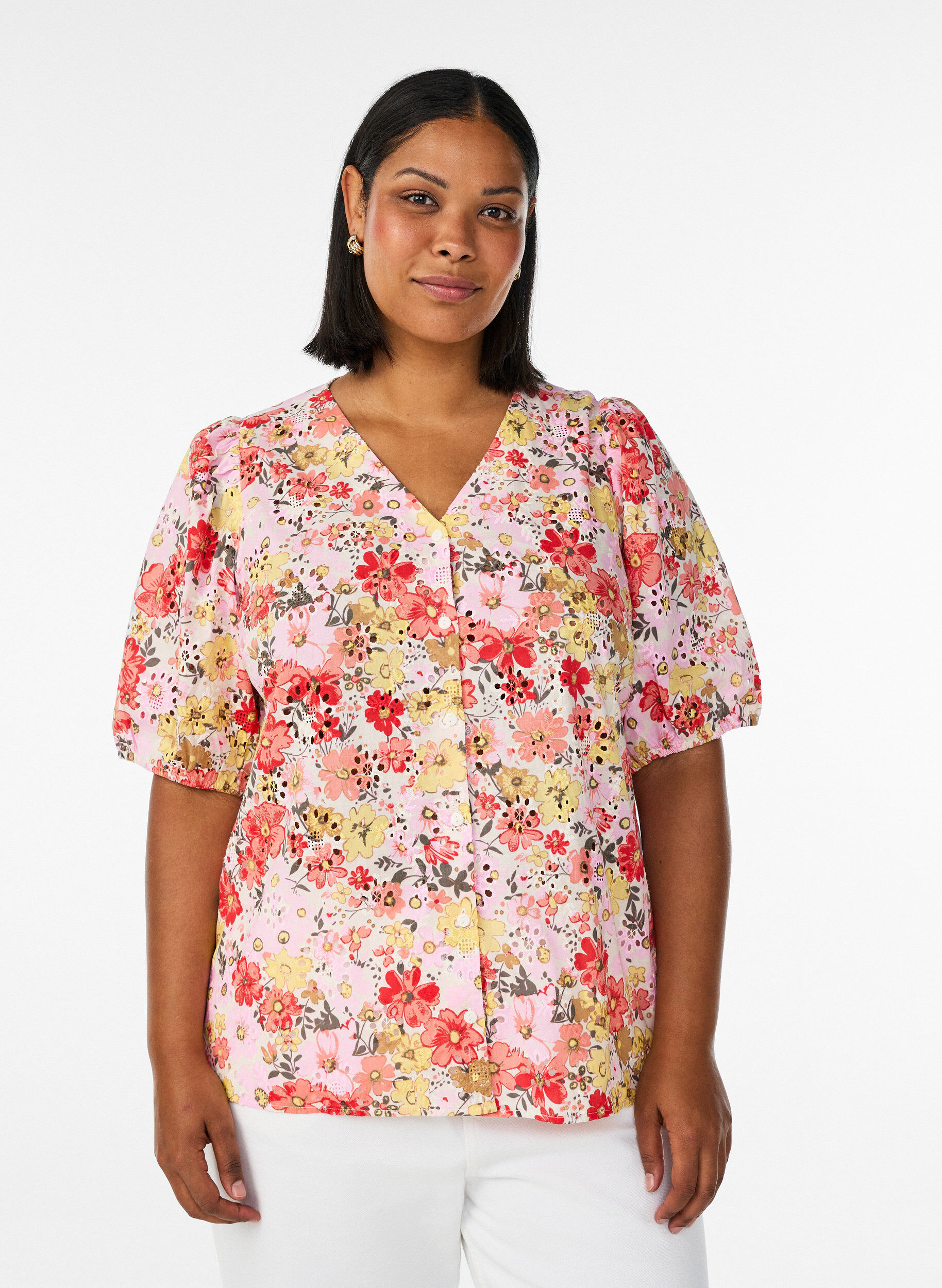 ZizziBlouse florale avec broderie ajour&eacute;e et col V, Rose, Model image number 0