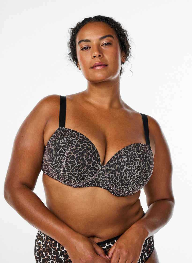 Soutien-gorge moulé avec maille à motif léopard, Marron, Model image number 0