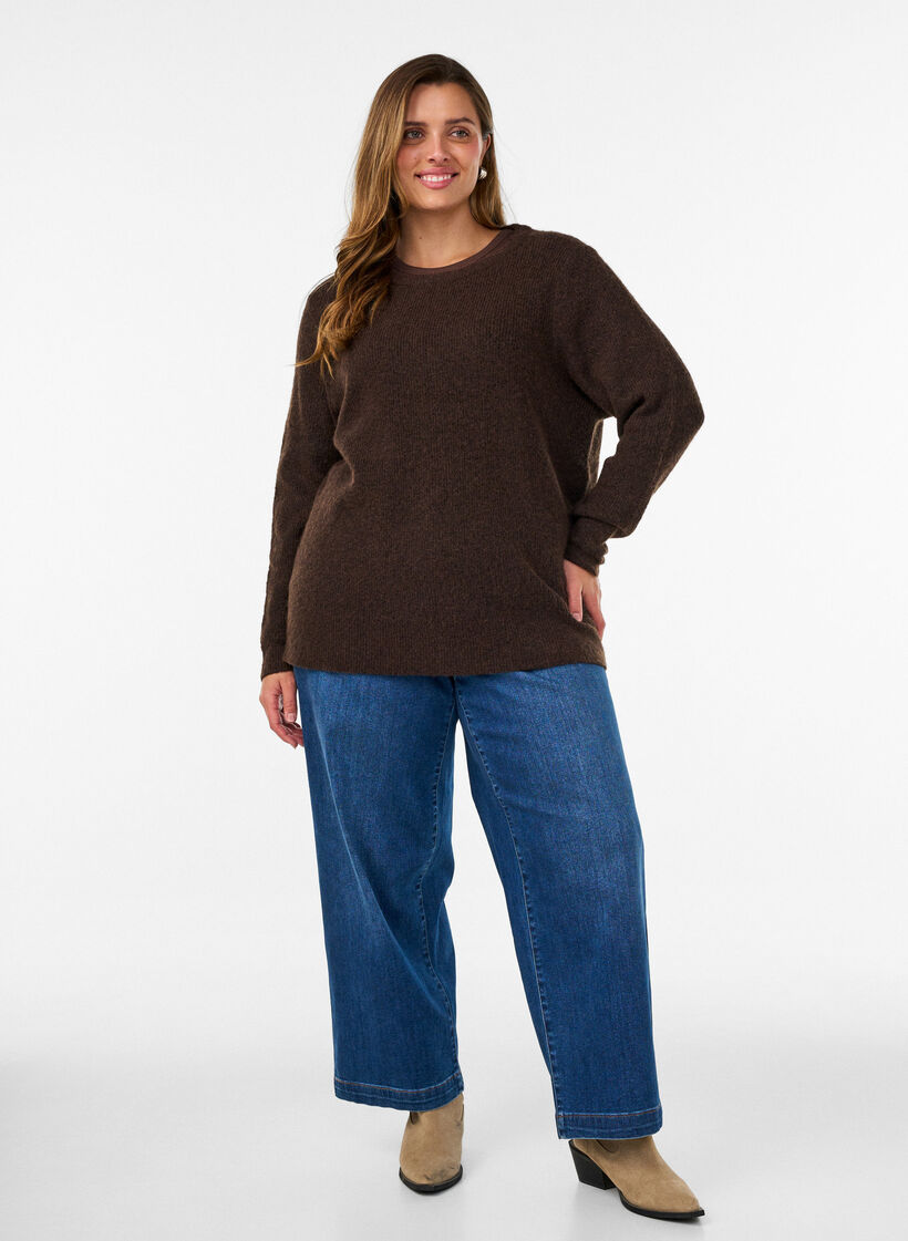 Melierte Strickbluse mit Rundhalsausschnitt, Braun, Model image number 1