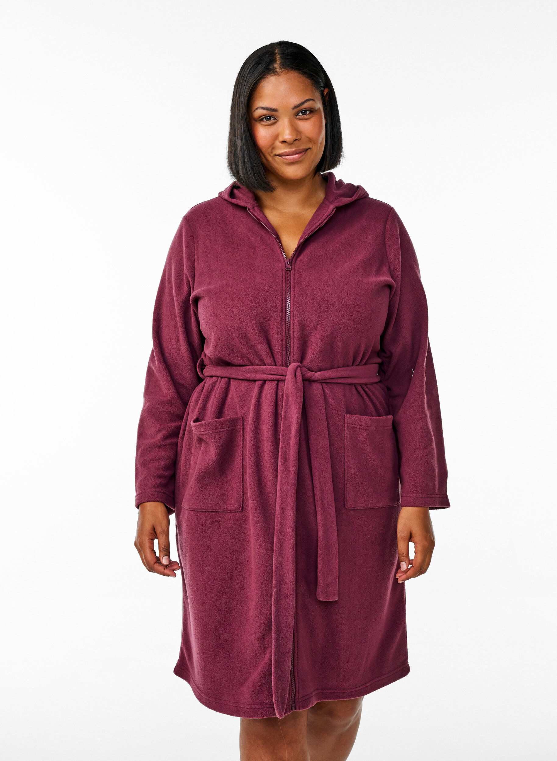 Zizzi Peignoir avec fermeture &eacute;clair et capuche, Bordeaux fonc&eacute;, Model image number 0