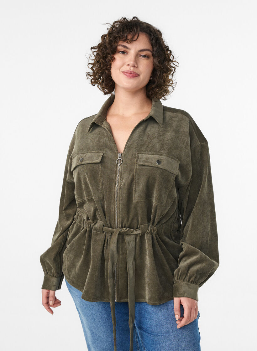 Surchemise en velours côtelé avec ceinture à nouer et poches, Vert, Model image number 0