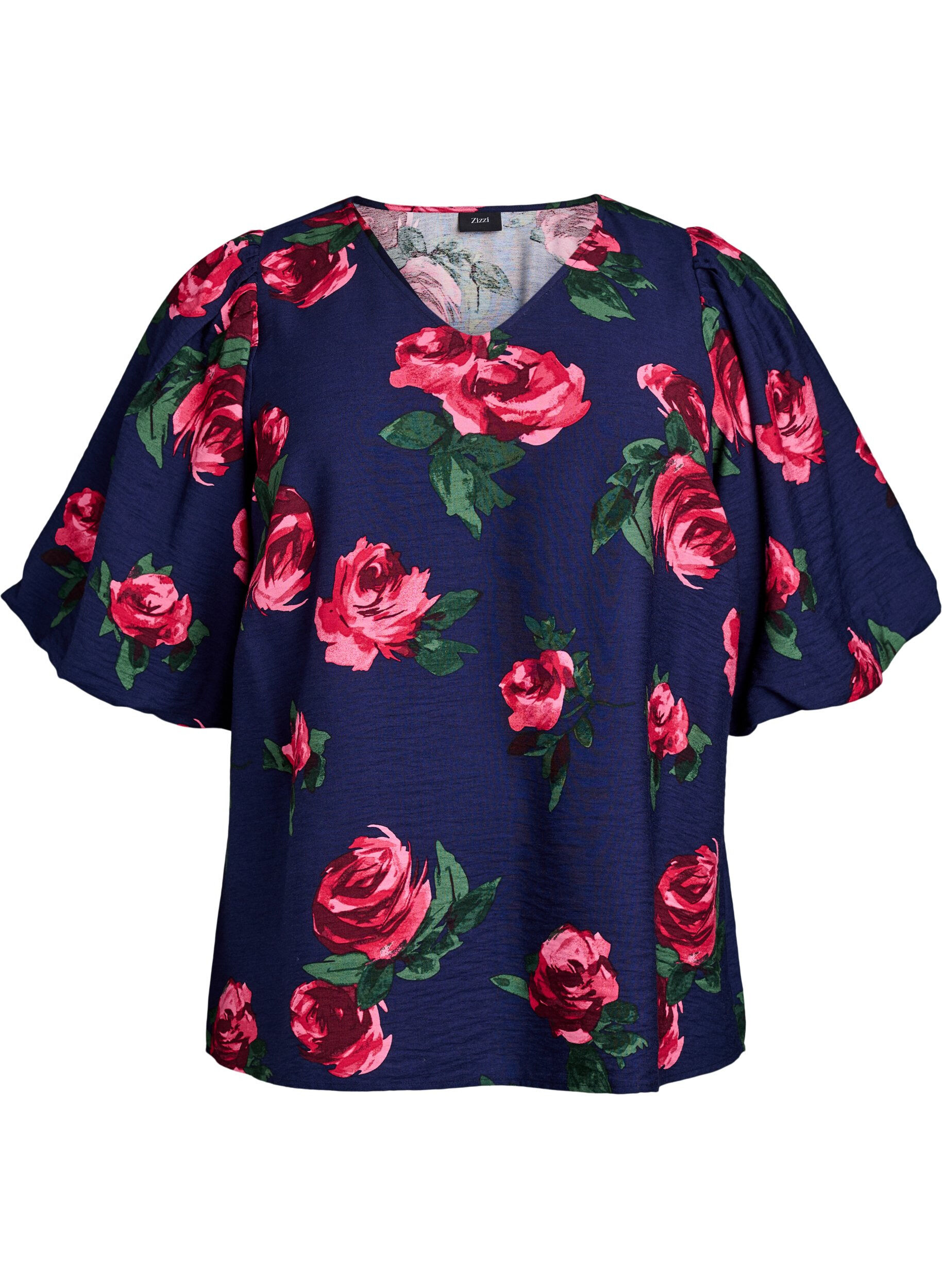 Blouse &agrave; imprim&eacute; roses et manches courtes bouffantes