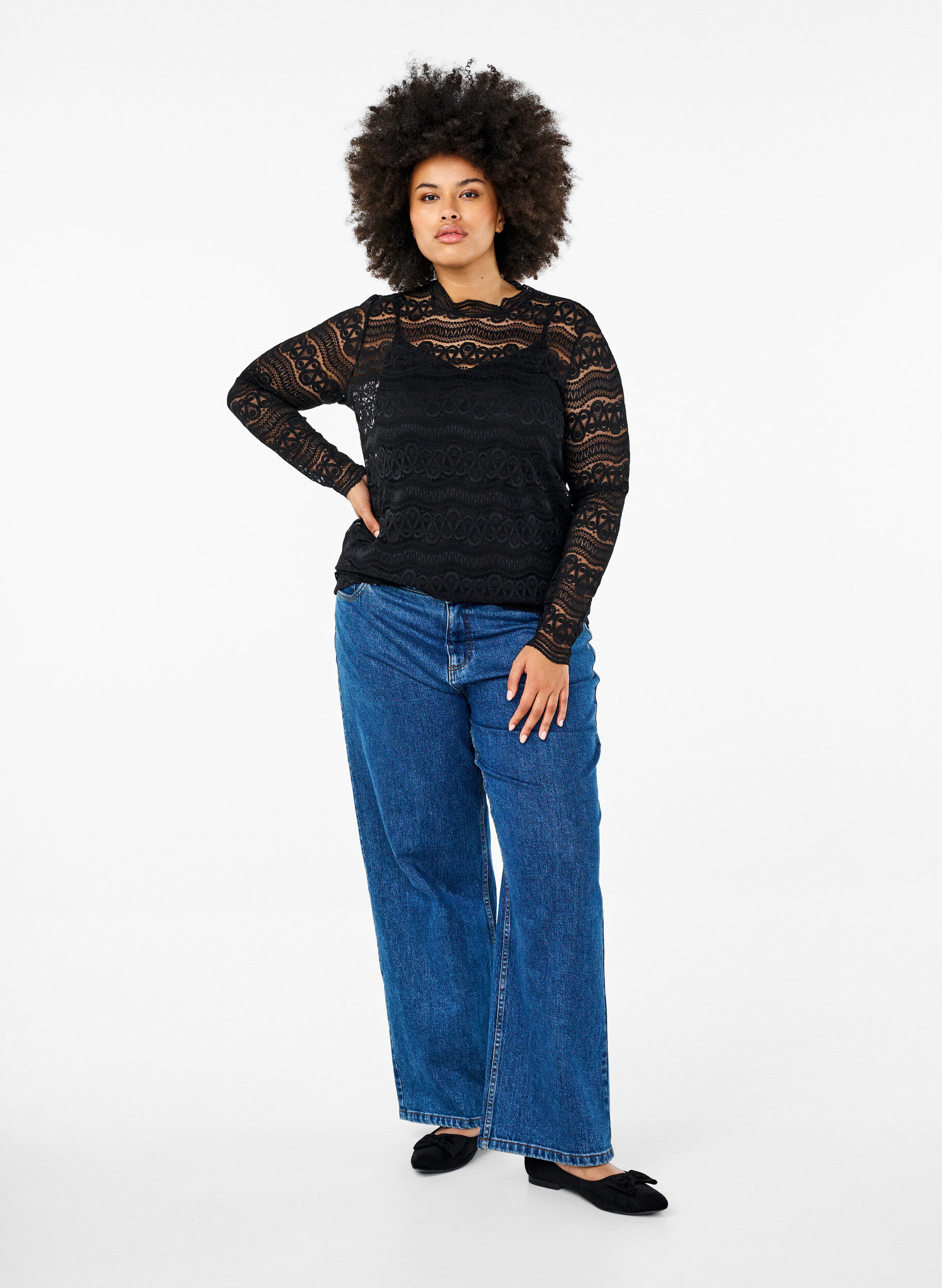 Zizzi Chemisier en dentelle avec manches longues, Black, Model image number 2