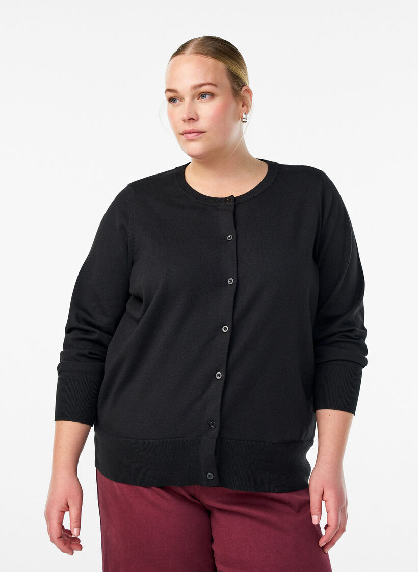 Feinstrick-Strickjacke mit Rundhalsausschnitt, Schwarz, Model image number 0