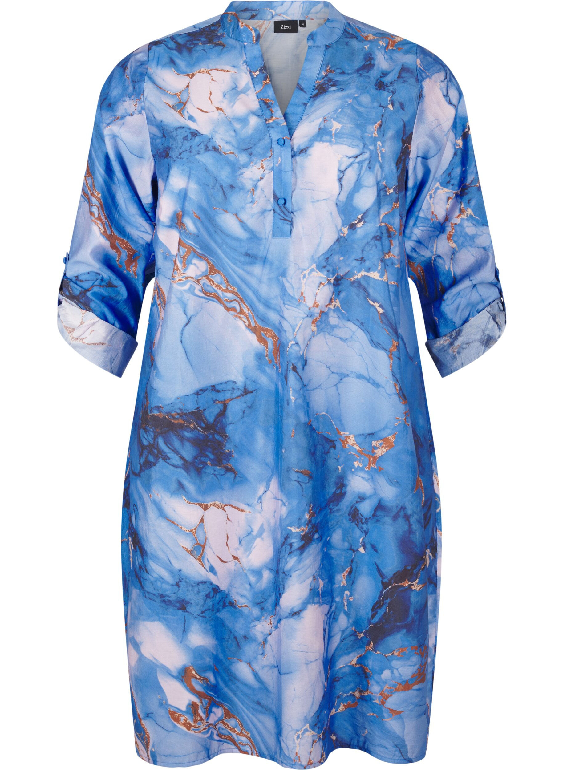 Zizzi Robe chemise en viscose avec imprim&eacute; marbre, Palace Blue AOP, Packshot image number 0
