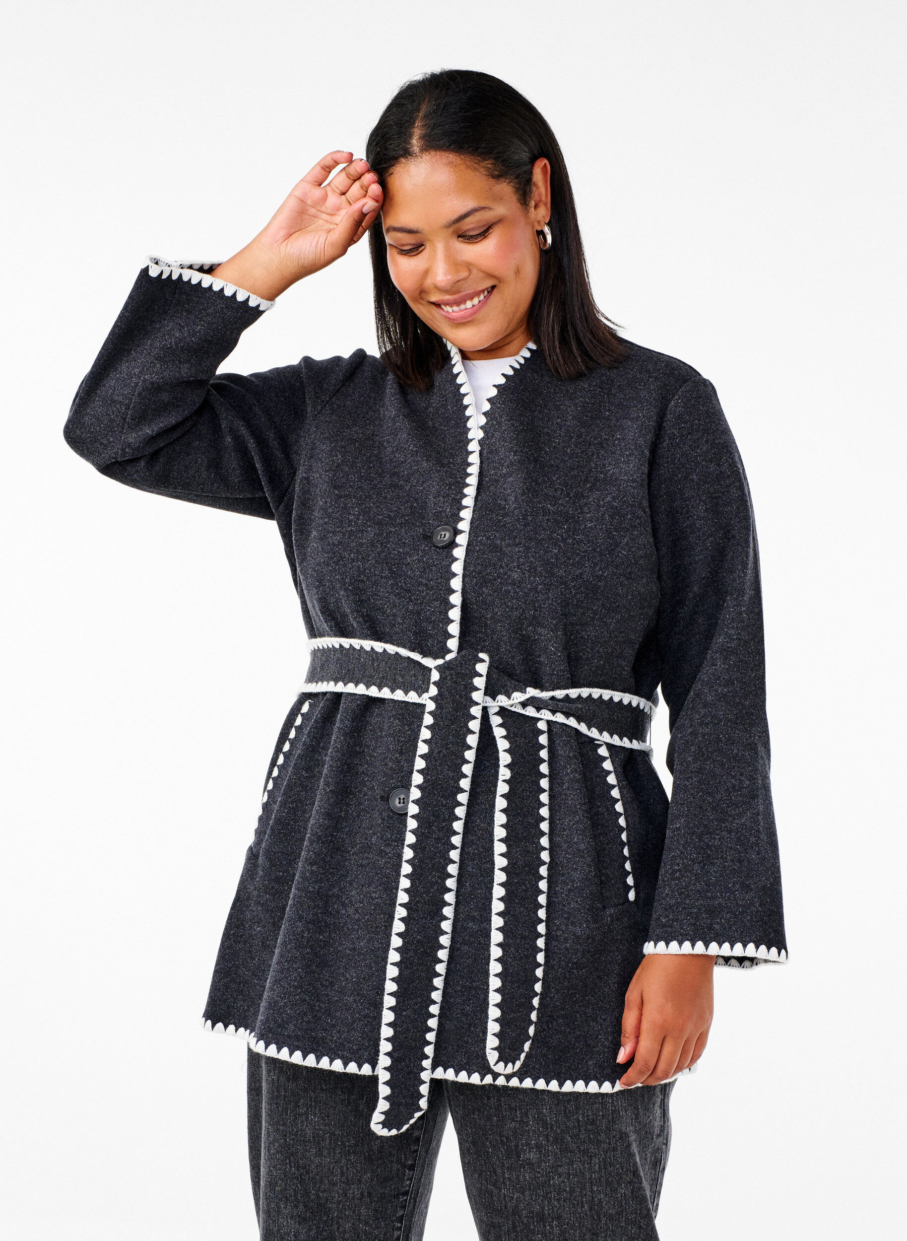 Zizzi Mantel mit kontrastfarbenen R&auml;ndern, Dark Grey Melange, Model image number 0