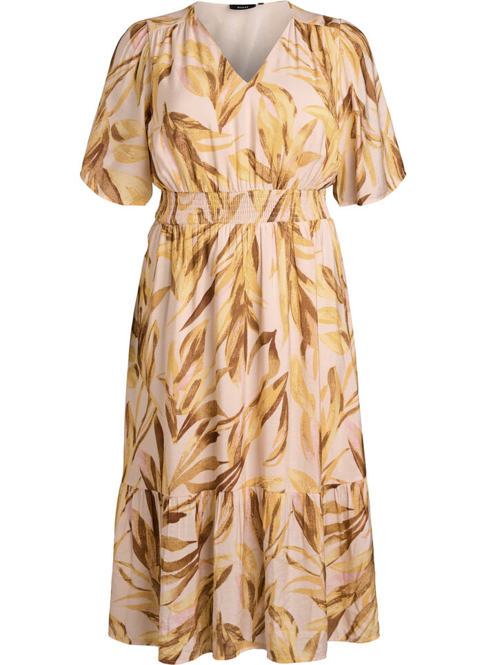Robe midi en viscose &agrave; imprim&eacute; feuillage et taille smock&eacute;e, Jaune, Packshot image number 0