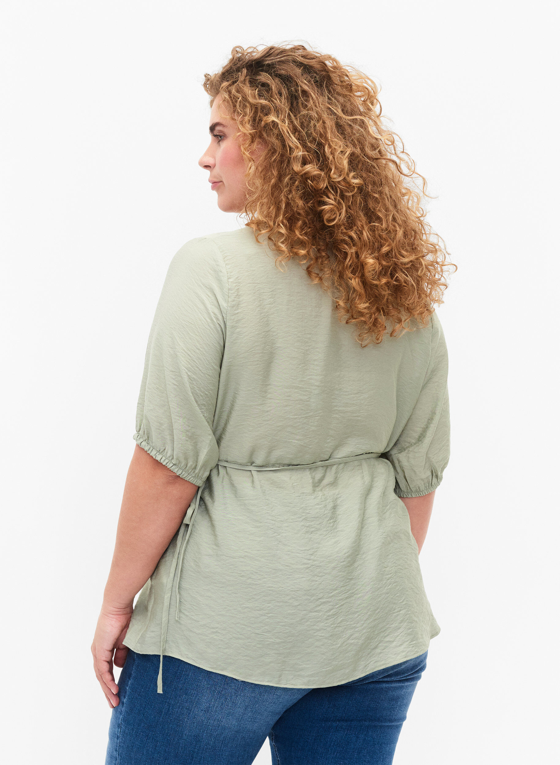 Zizzi Wickelbluse aus Viskose mit halblangen &Auml;rmeln, Seagrass , Model image number 1