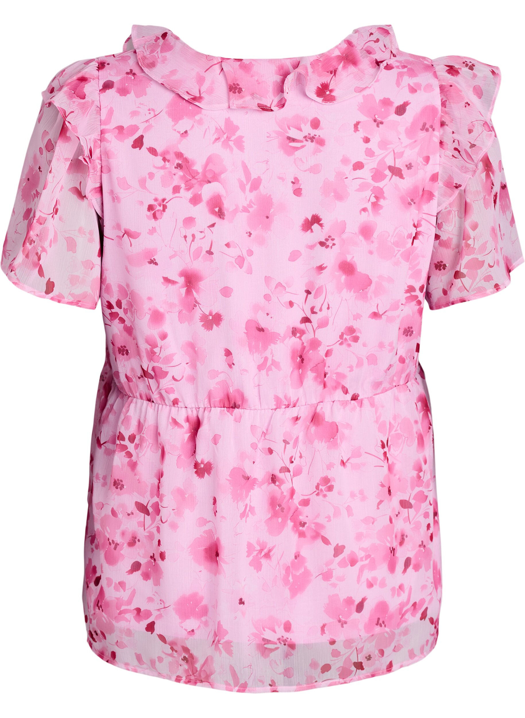 ZizziGebl&uuml;mte Bluse mit R&uuml;schenkragen und Peplum-Effekt, Pink, Packshot image number 1