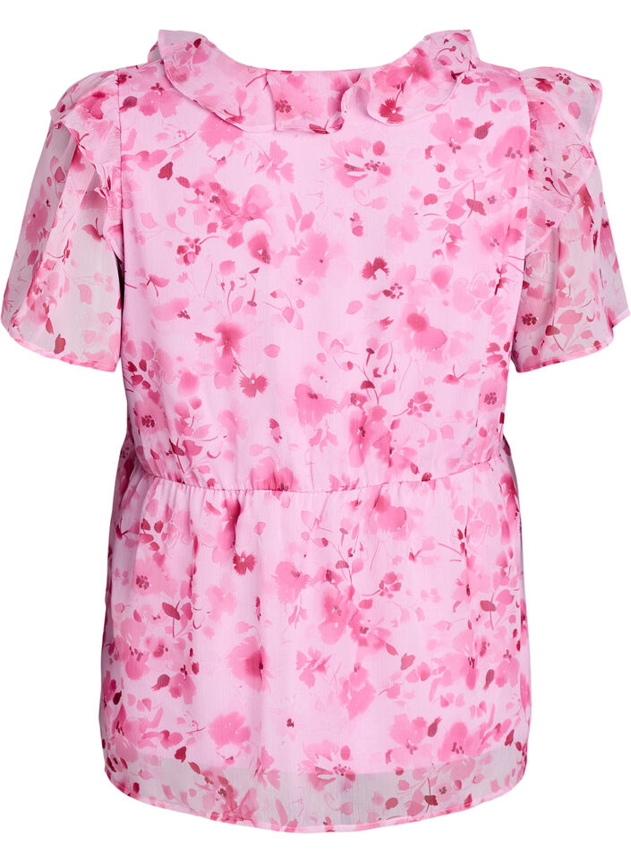 Gebl&uuml;mte Bluse mit R&uuml;schenkragen und Peplum-Effekt, Pink, Packshot image number 1