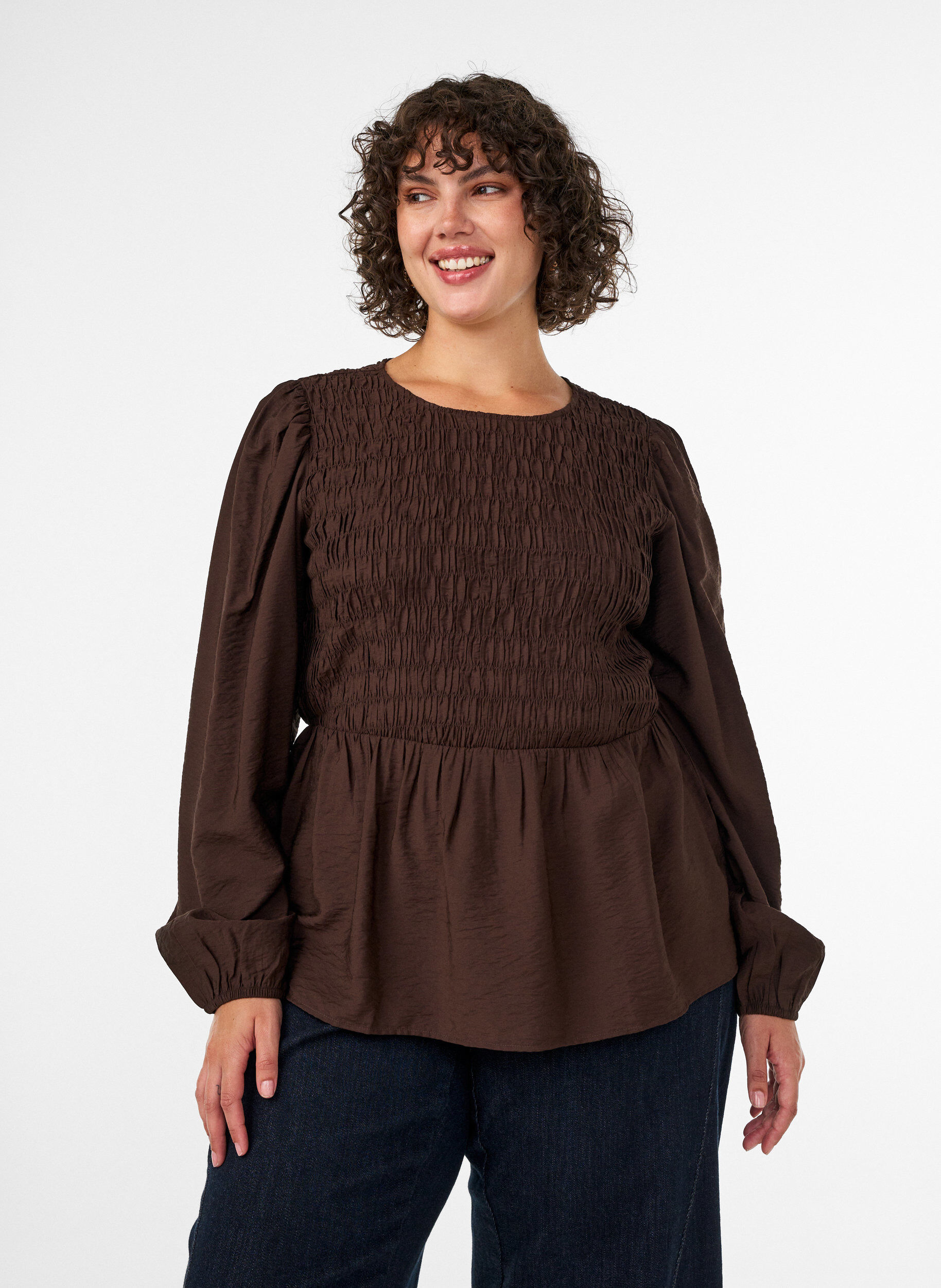 ZizziBlouse avec smocks et manches longues, Marron, Model image number 0