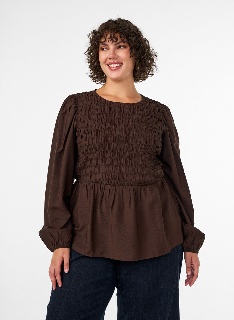 Blouse avec smocks et manches longues, Marron, Model image number 0