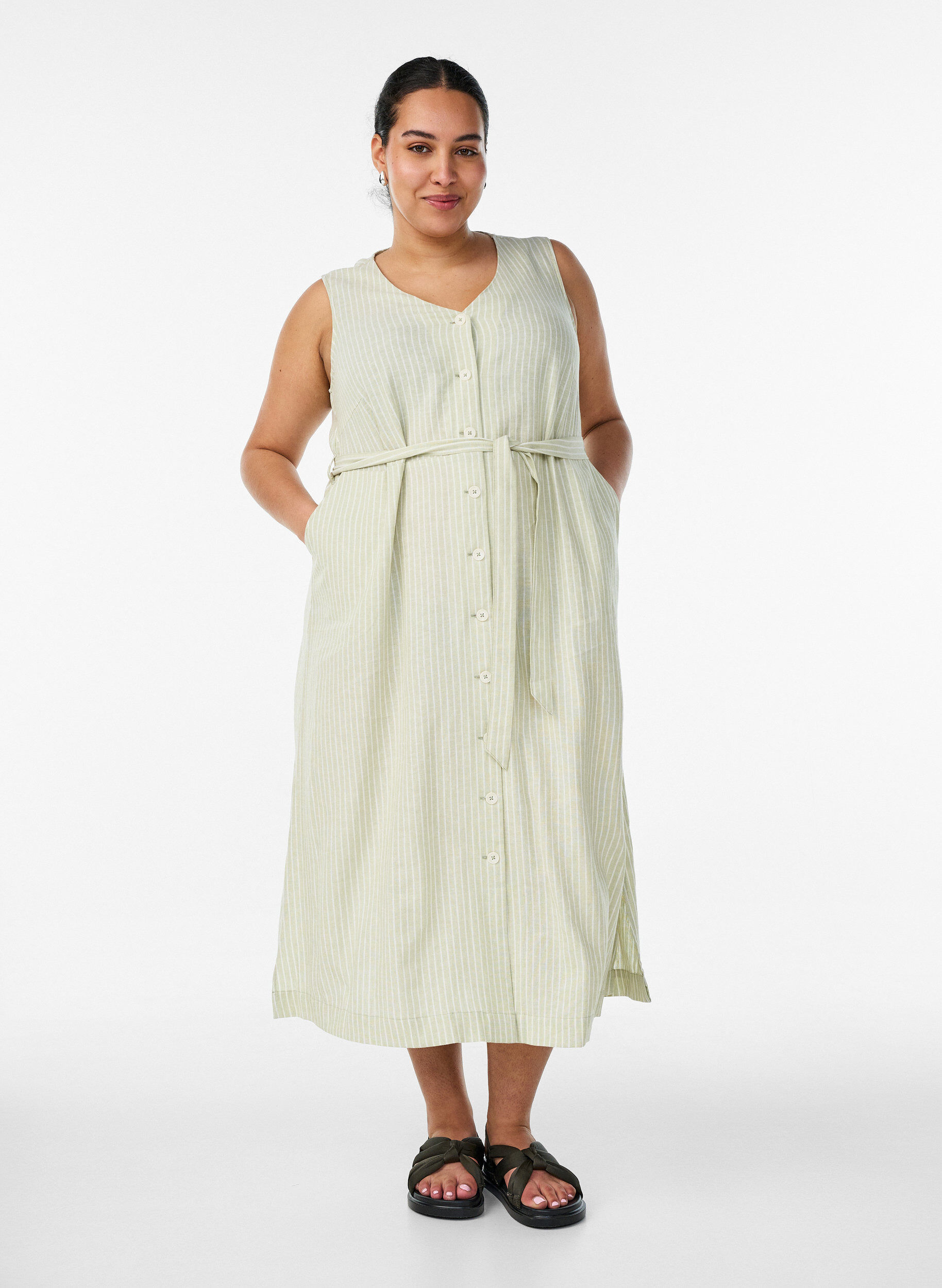 ZizziRobe midi sans manches &agrave; rayures en lin et viscose, Vert clair, Model image number 0